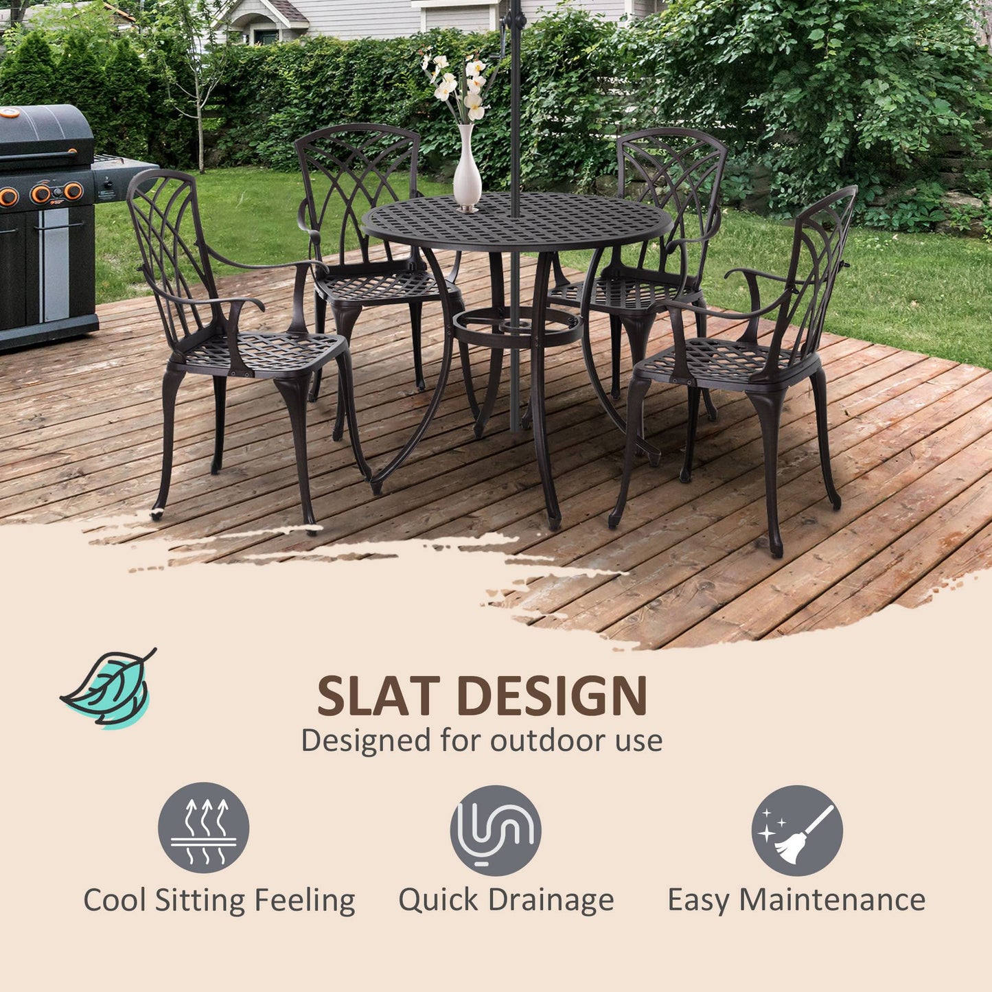 Outsunny 5 Pieces Outdoor Dining Set, Cast Aluminium Patio Table and Chairs with Parasol Hole, Patio Dining Set for 4, Brown