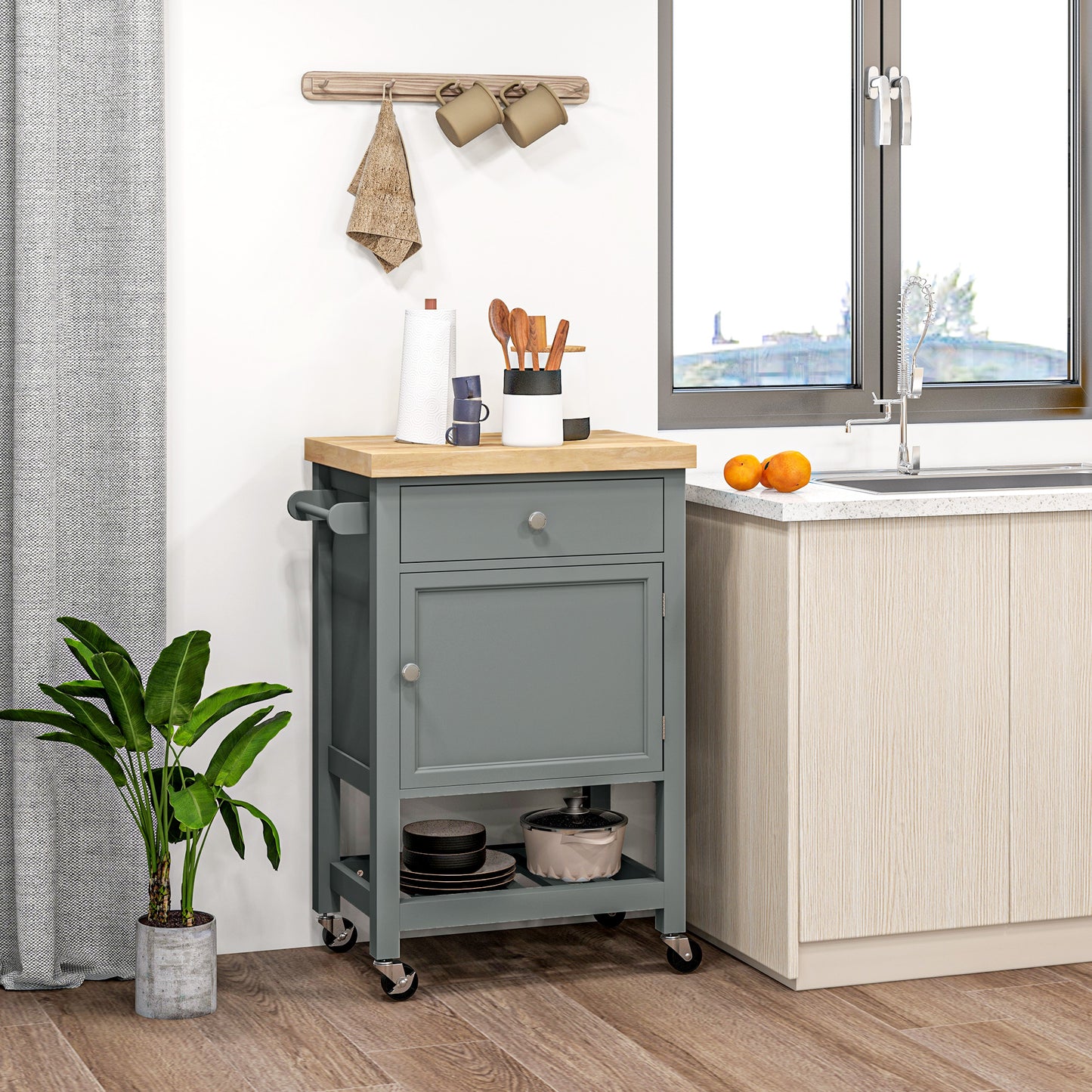 HOMCOM Kitchen Cart on Wheels, Rolling Kitchen Island Cart with Wood Top, Towel Rack, Drawer and Shelf for Dining Area, Grey