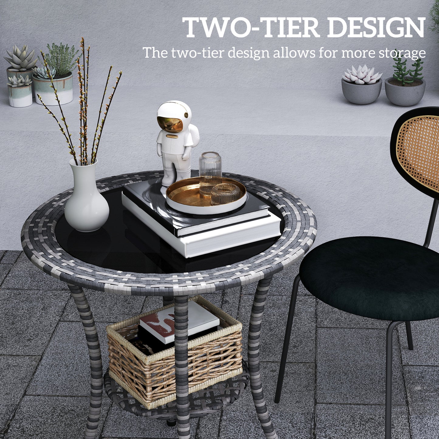 Outsunny Outdoor Rattan Dining Table, Patio Wicker Round Coffee Table with 2-Tier Storage Shelf, Brown