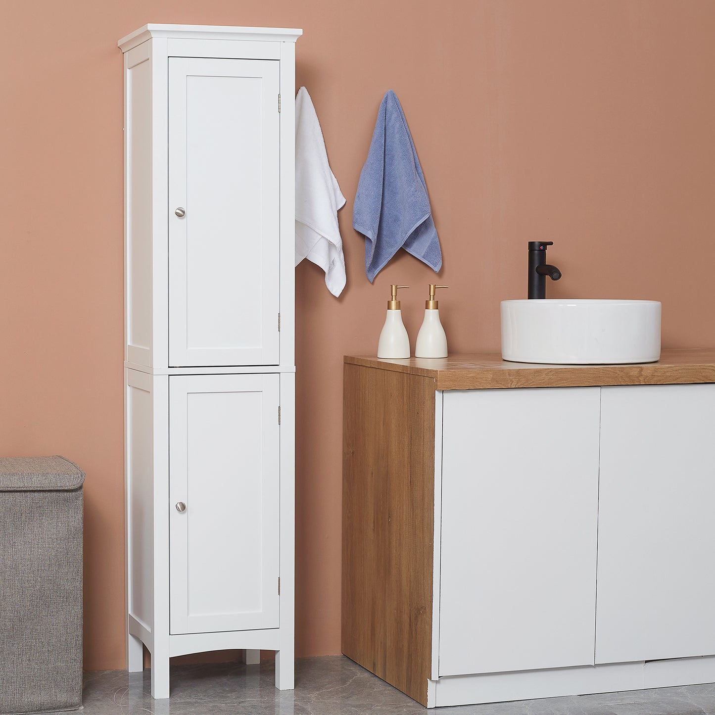 kleankin Tall Bathroom Cabinet, Freestanding Storage Organizer with Adjustable Shelves and Cupboards, 15" x 13" x 63", White