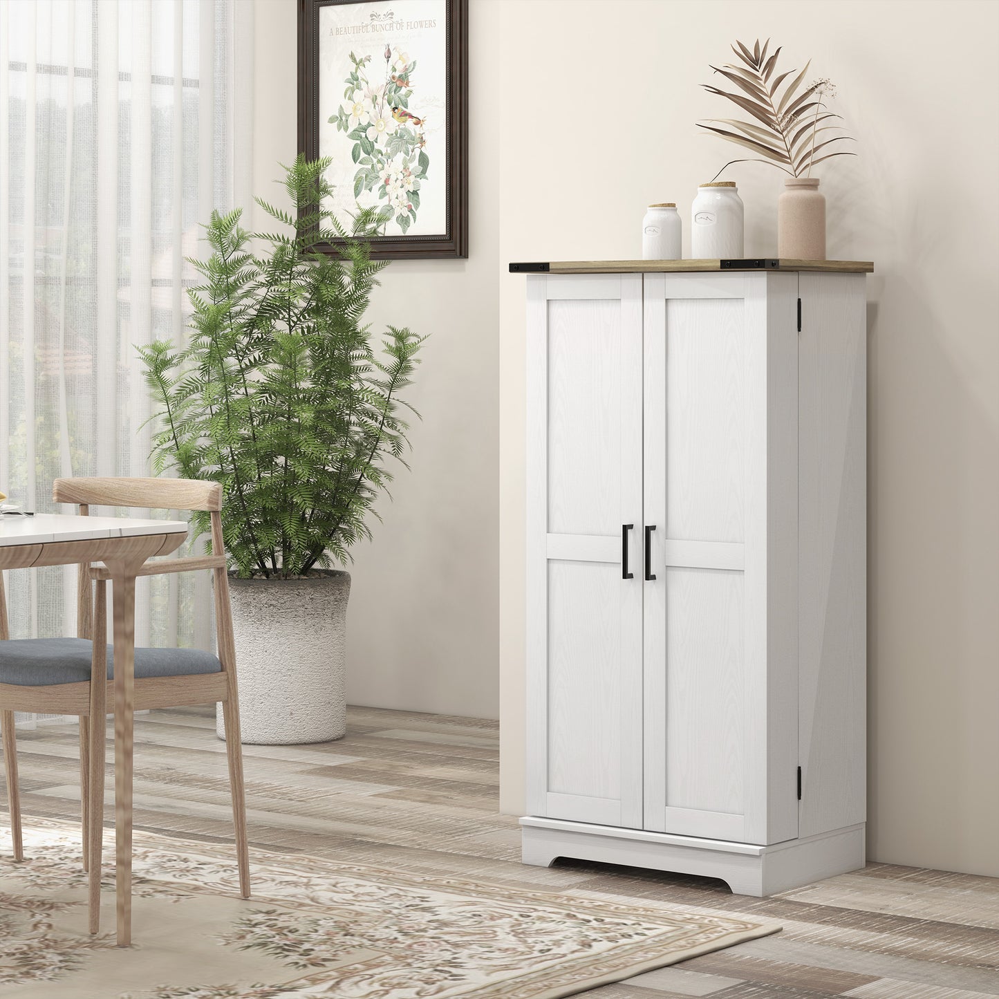 HOMCOM Farmhouse Kitchen Pantry Storage Cabinet, Kitchen Pantry Cabinet with Doors and Adjustable Shelves, Cream White