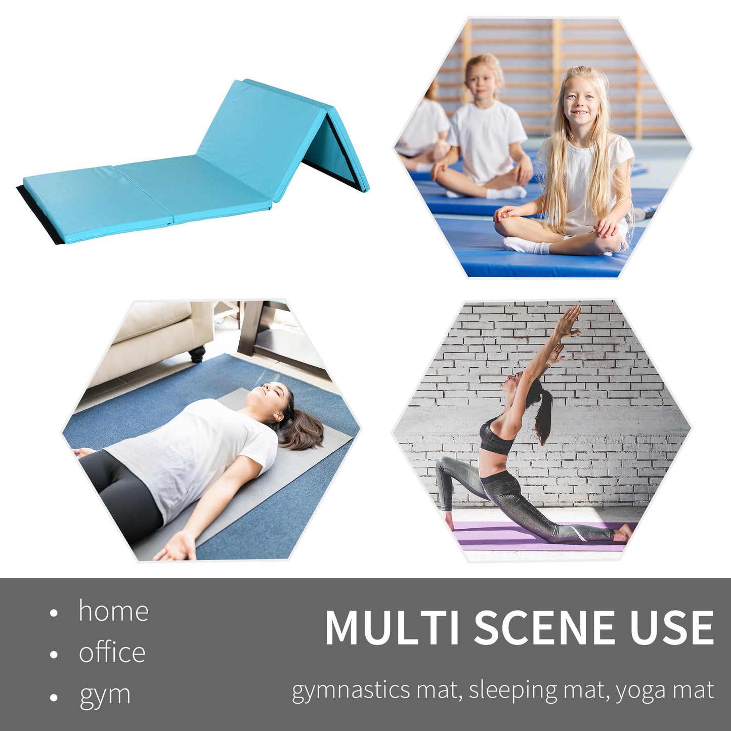 Soozier 4'x8'x2" Folding Gymnastics Tumbling Mat, Exercise Mat with Carrying Handles for Yoga, MMA, Martial Arts, Stretching, Core Workouts, Light Blue