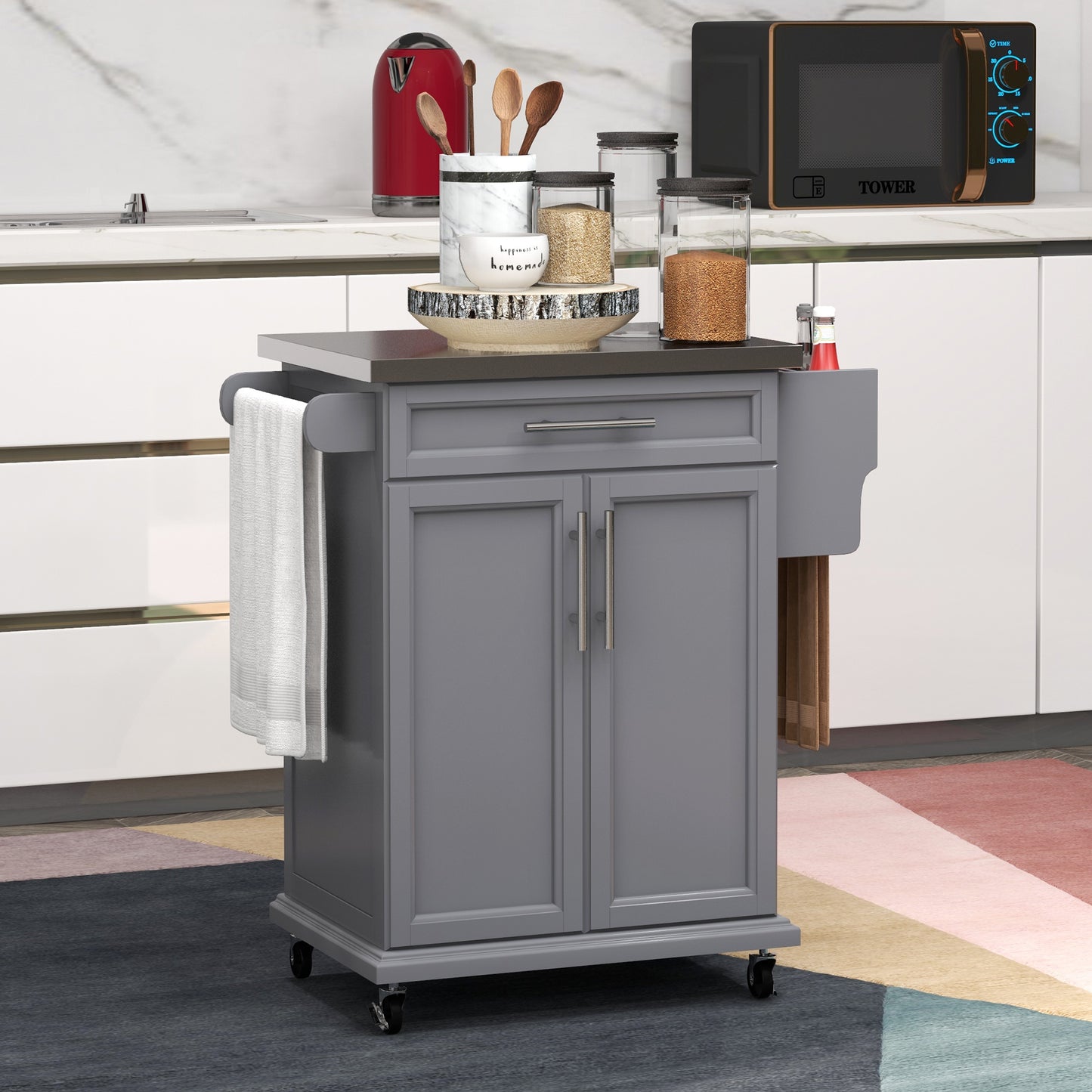 HOMCOM Kitchen Island with Stainless Steel Top, Rolling Kitchen Cart on Wheels with Storage Drawer, Cabinet, Towel Rack and Spice Rack (Black)