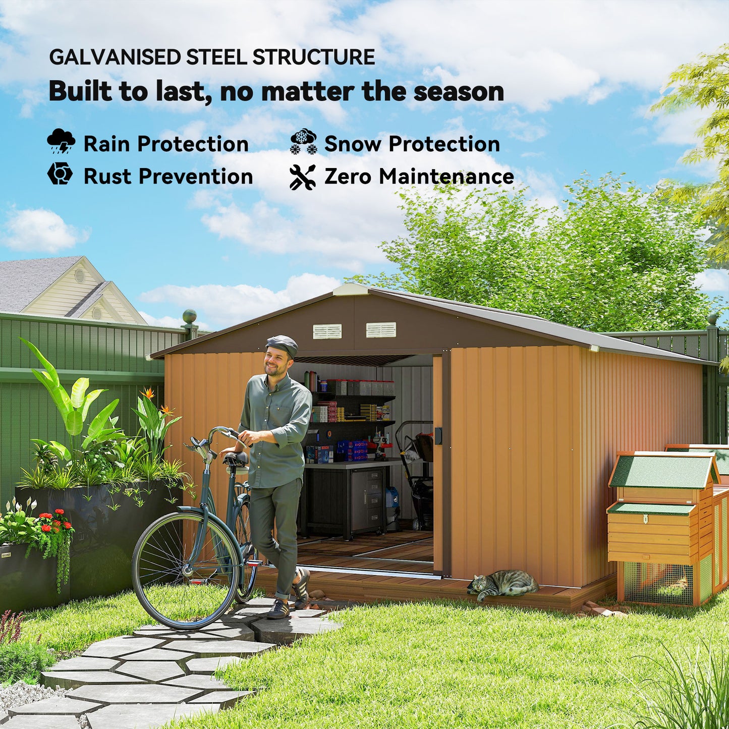 Outsunny 11' x 13'Garden Storage Shed w/ Foundation Kit Metal Tool Storage House w/ Double Doors Yellow