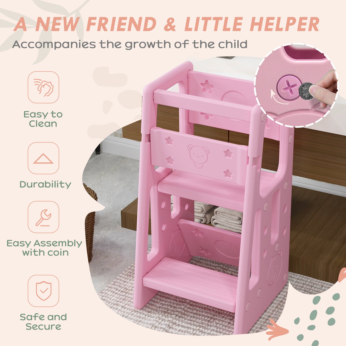 Qaba Toddler Kitchen Helper 2 Step Stool with Adjustable Height Platform and Safety Rail, White