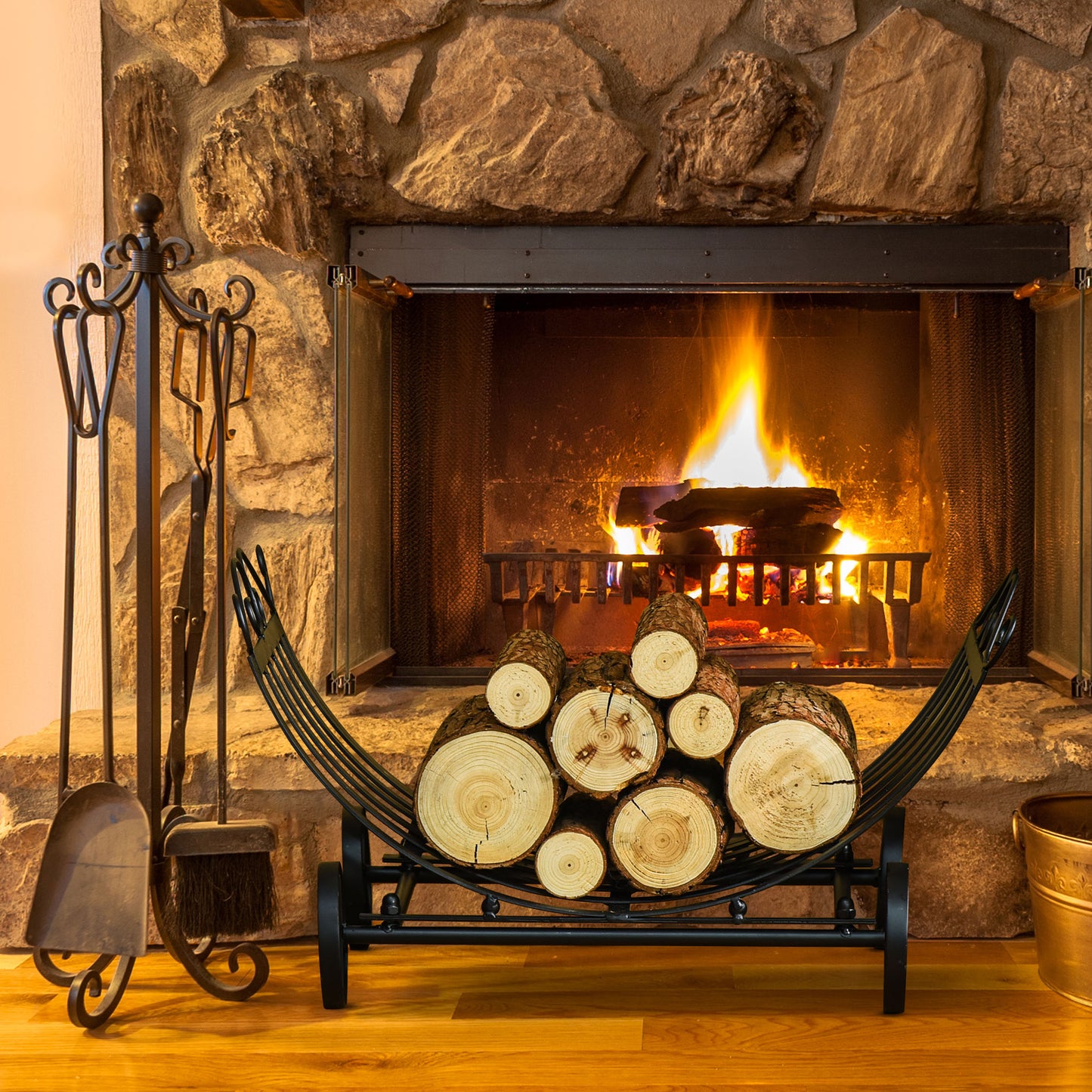 Outsunny 23" Firewood Log Rack Curved Fireplace Log Holder Stylish Wood Storage Carrier with Scrolls, for Outdoor and Indoor Use, Black