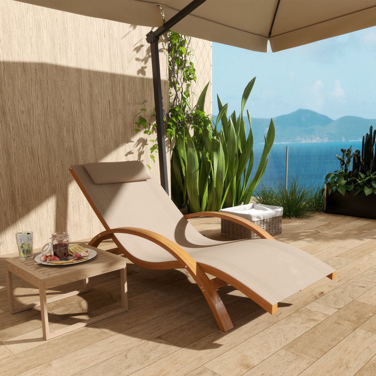 Outsunny Outdoor Wood Chaise Lounge Chair Recliner Patio Camping with Headrest, Teak & Black