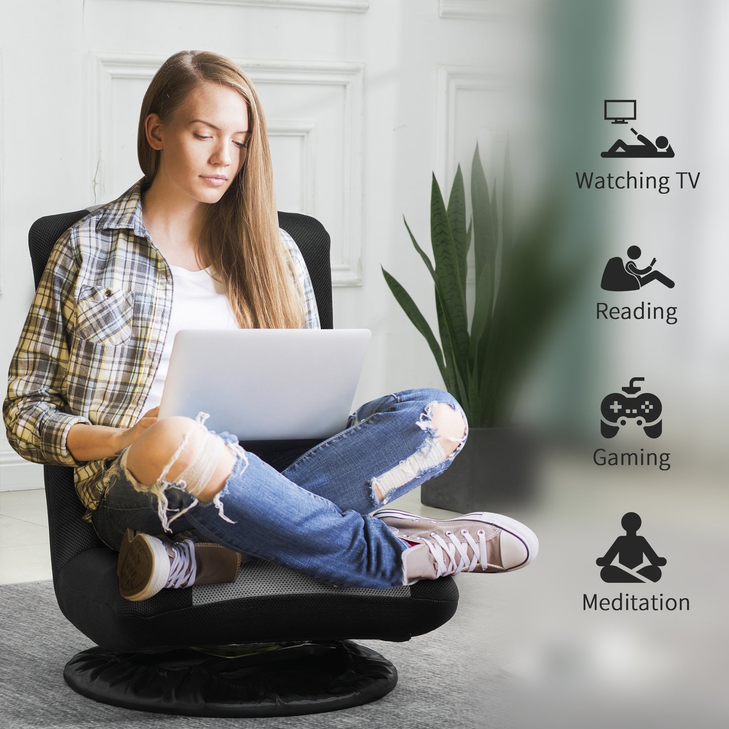 HOMCOM Folding Floor Chair for Adults Teens, 360 Degree Swivel Gaming Chair, 6 Positions Adjustable Lazy Sofa, Black