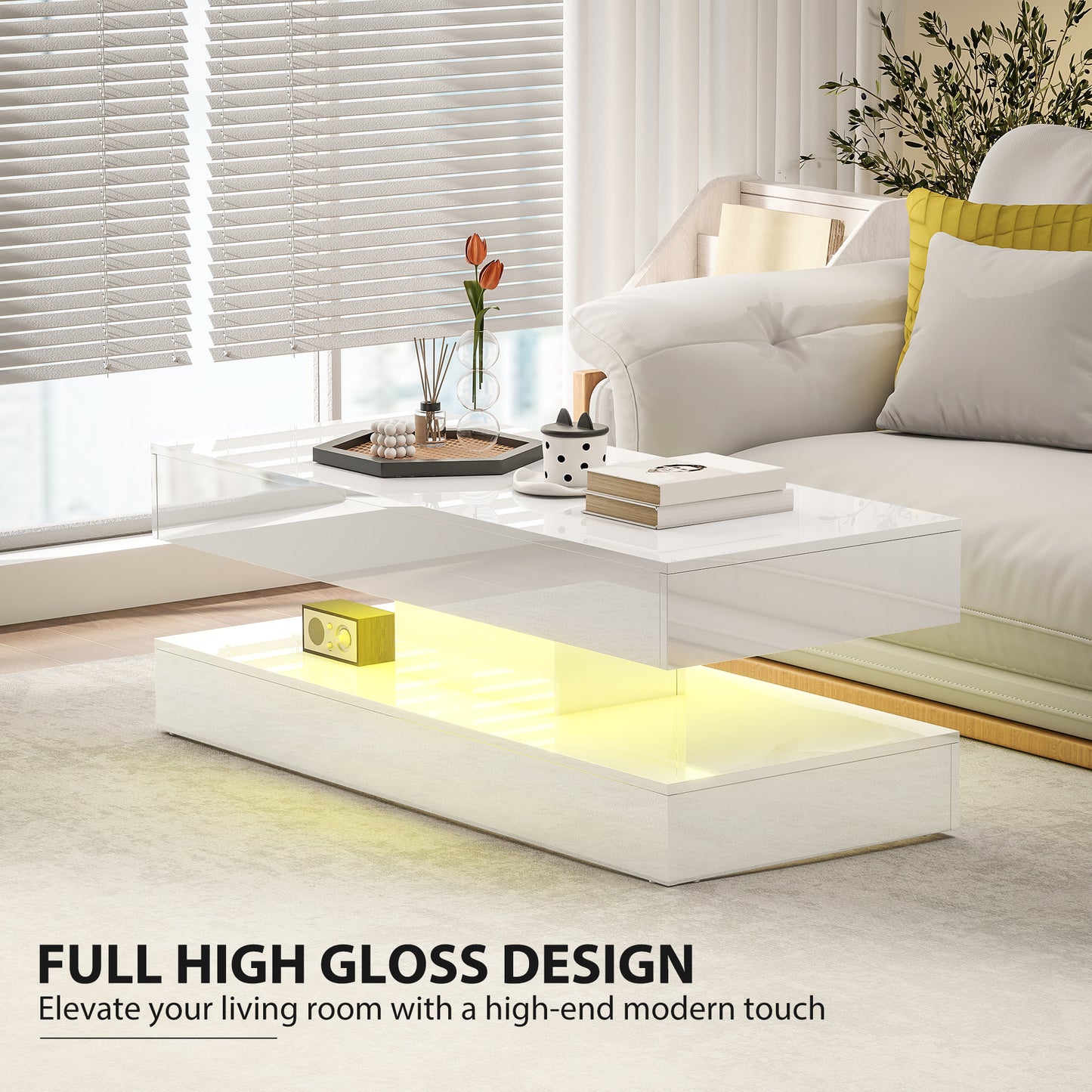 HOMCOM Coffee Table with Adjustable LED Lights, Modern Living Room Table with 2 Drawers, Open Shelf, Remote, High Gloss White