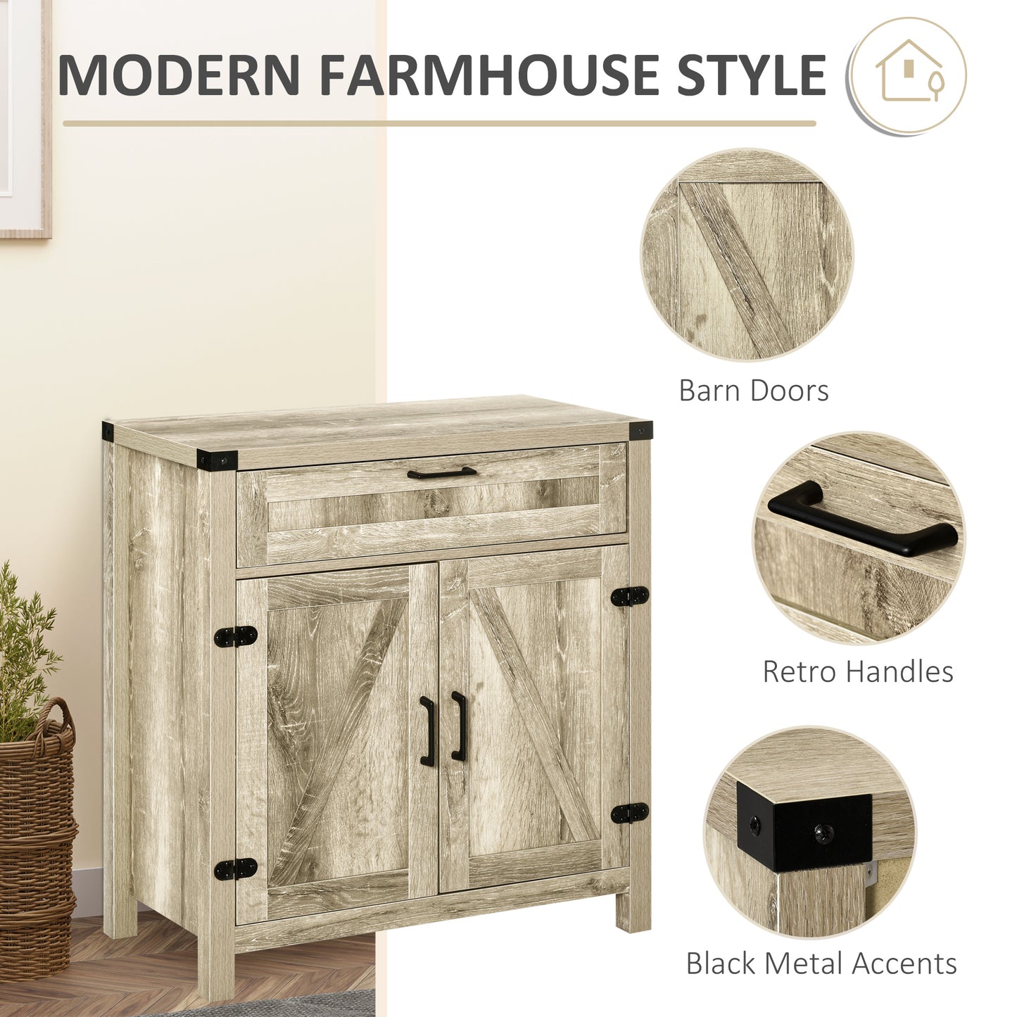 HOMCOM Farmhouse Kitchen Storage Cabinet, Sideboard Buffet Cabinet with 2 Rustic Barn Doors and Drawer, Oak