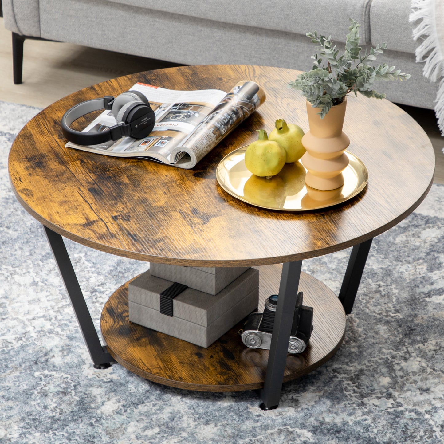 HOMCOM 2-Tier Round Coffee Table with Storage Shelf, Industrial Center Table with Steel Frame for Living Room, Rustic Brown
