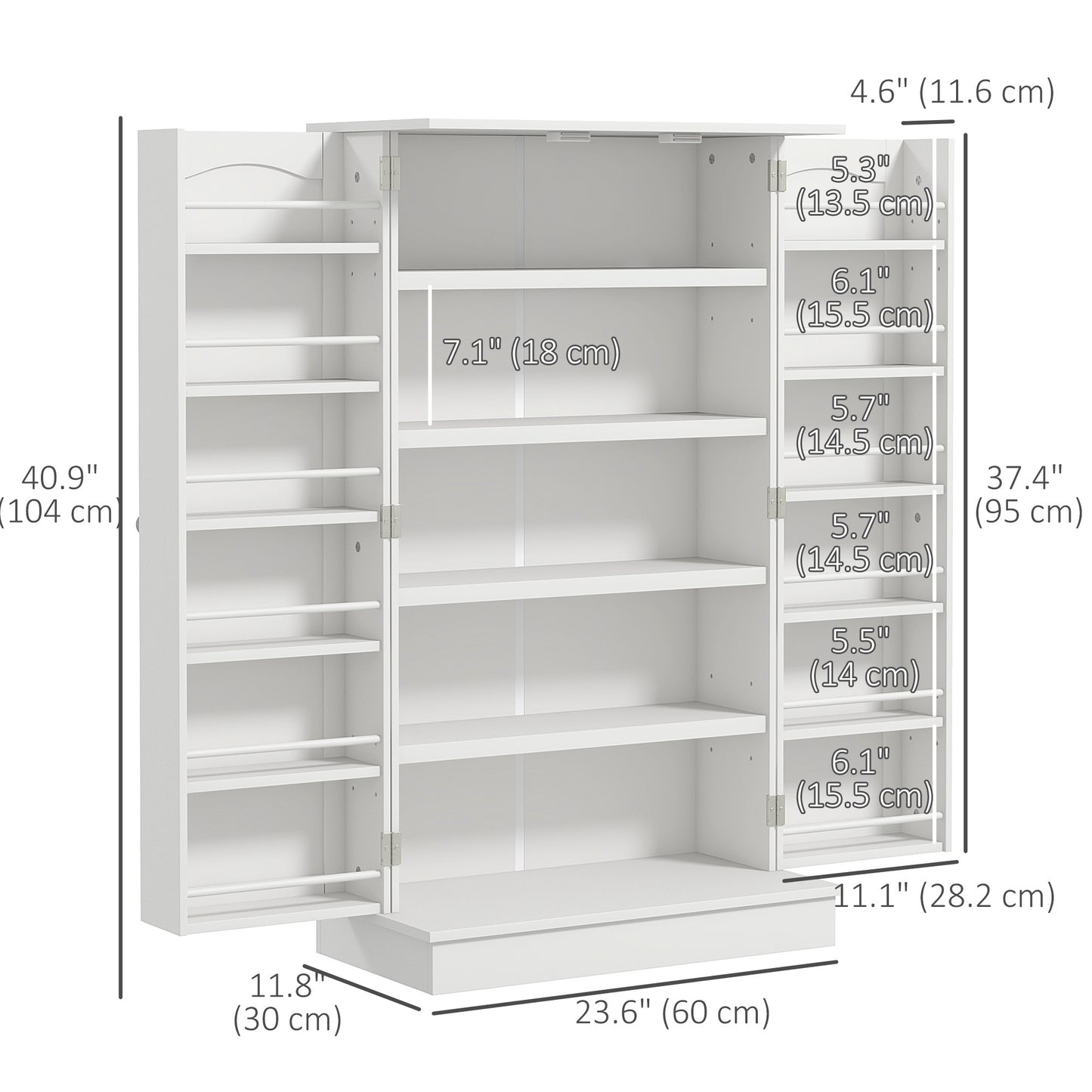 HOMCOM 41" Storage Cabinet, 2-Door Kitchen Pantry Cabinet with 5-tier Shelving, 12 Spice Racks and Adjustable Shelves, Grey