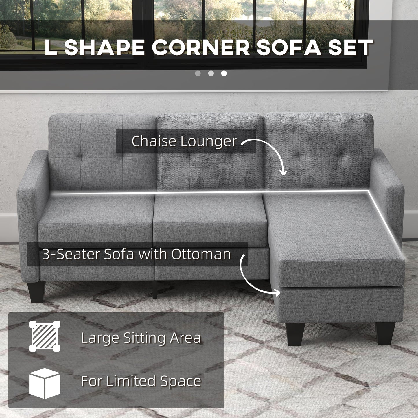 HOMCOM L-shaped Sofa, 3 Seater Couch with Ottoman, Corner Sofa with Thick Padded Cushion and Wood Legs, Dark Grey