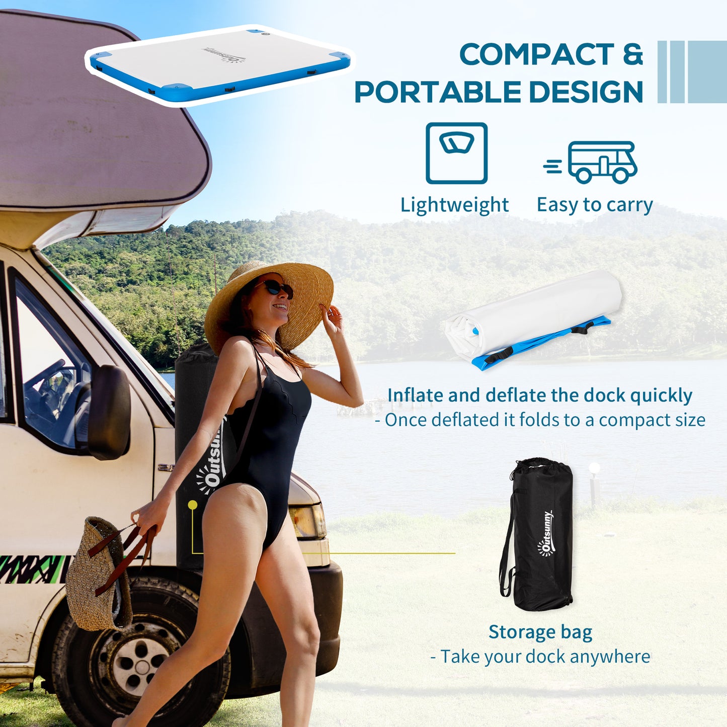 Outsunny 8' x 6' Water Floating Dock, Rafting Inflatable Island with Air Pump and Backpack for Pool, Beach, Ocean, Blue & Green