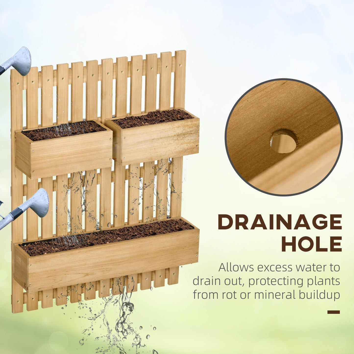 Outsunny 3 Box Raised Garden Bed with Trellis, Wall-Mounted Wood Planter Box Set with Drainage Hole for Flowers, Climbing Plants