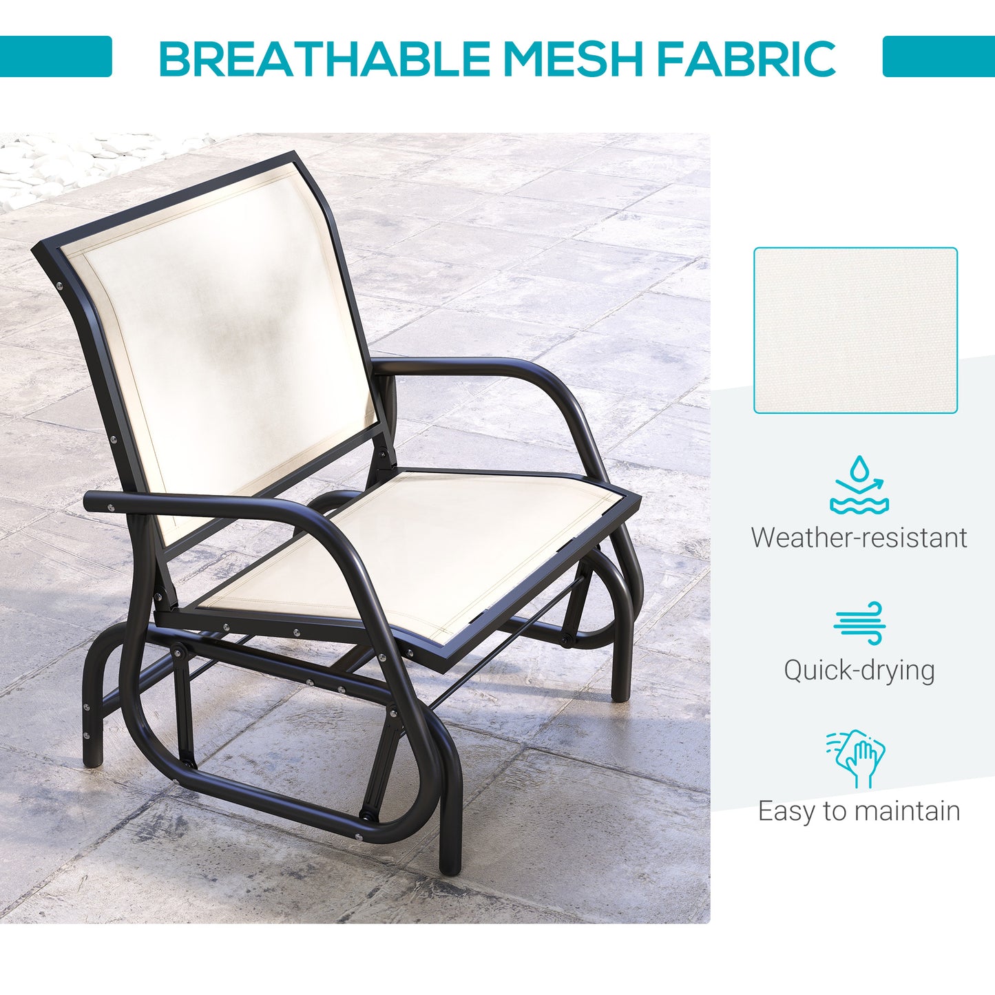 Outsunny Patio Glider with Breathable Mesh Fabric Seat & Backrest, Metal Frame Outdoor Glider Swing Chair with Armrests, Cream