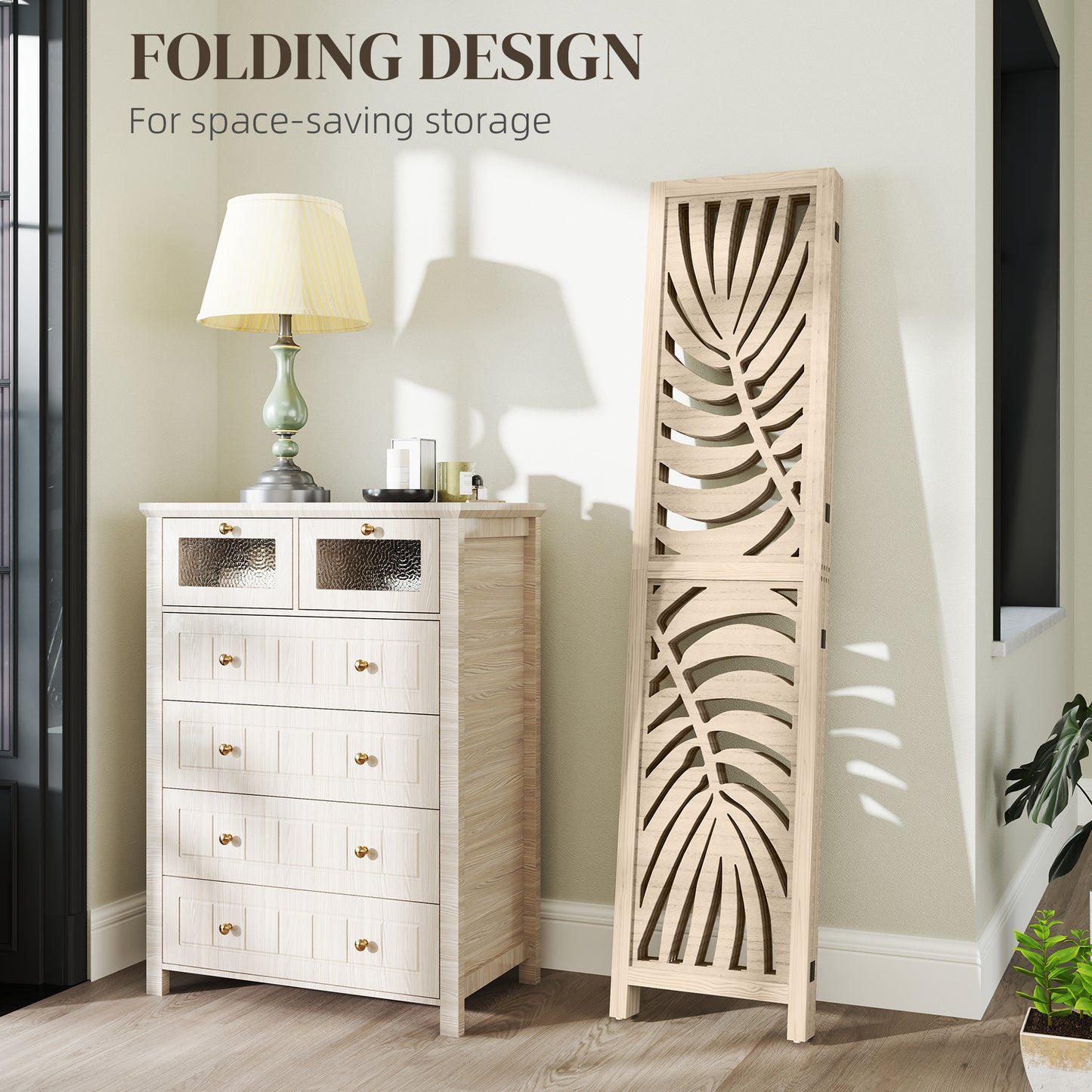 HOMCOM 4 Panel Room Divider, Detachable Folding Privacy Screens with Palm Leaf Design for Home Office, Natural Wood Finish