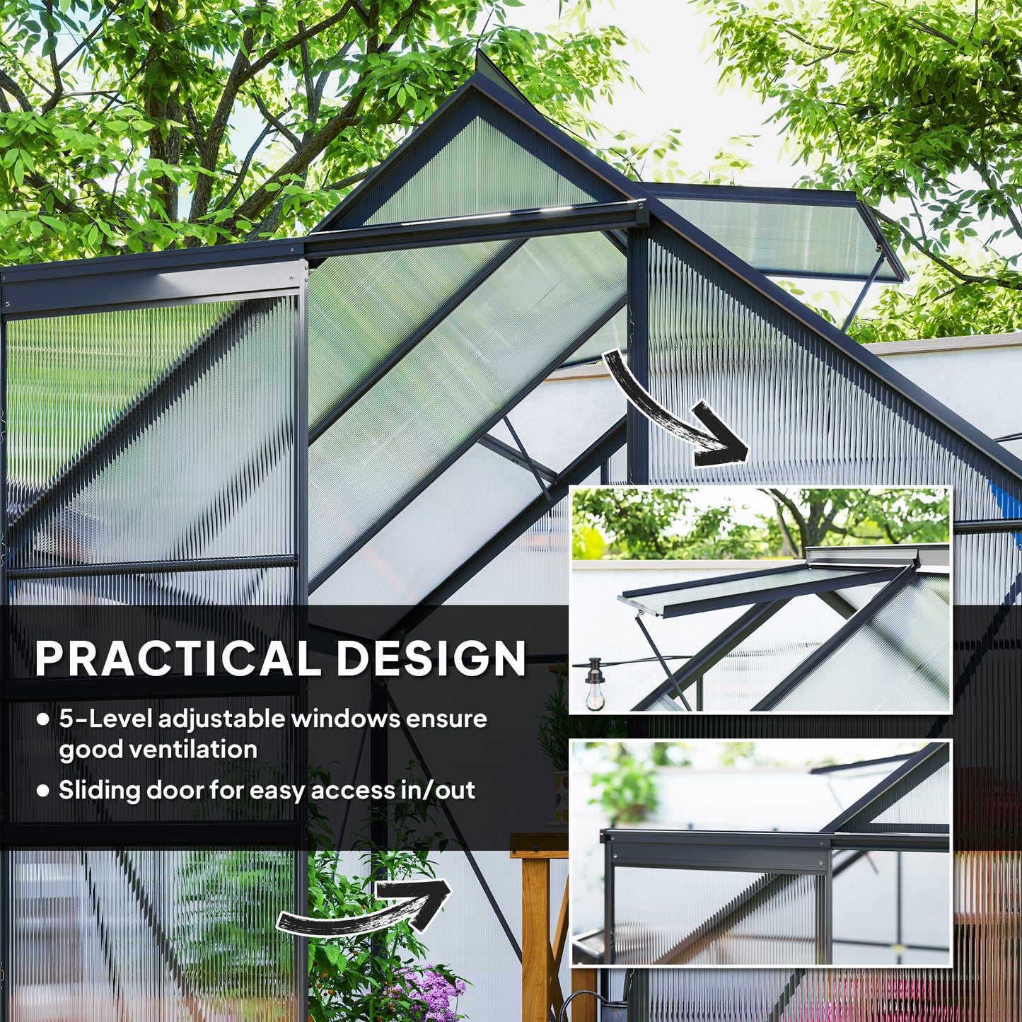 Outsunny 6' x 12' x 6.5' Walk-in Greenhouse, Polycarbonate Greenhouse with Adjustable Roof Vent, Base, Sliding Door, Clear