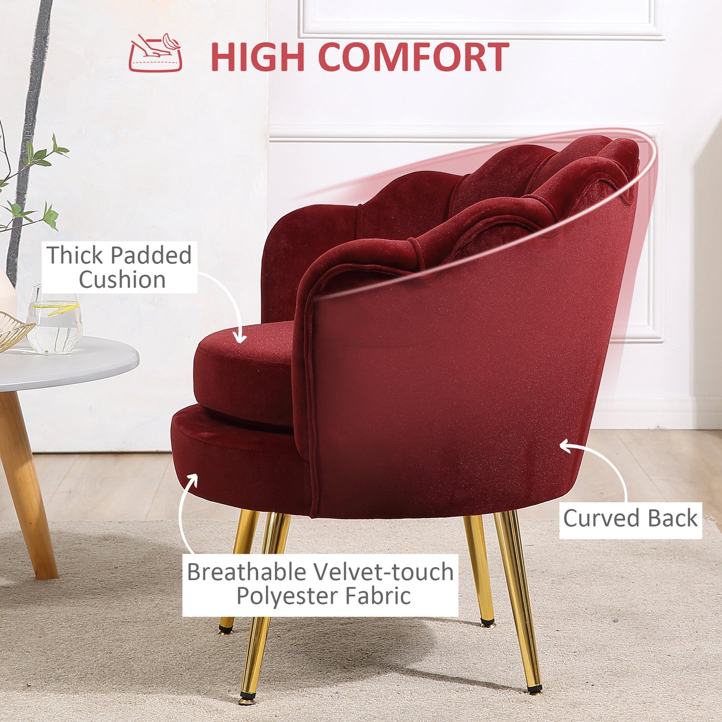HOMCOM Modern Accent Chair, Velvet-Touch Fabric Leisure Club Chair with Gold Metal Legs for Bedroom, Blue