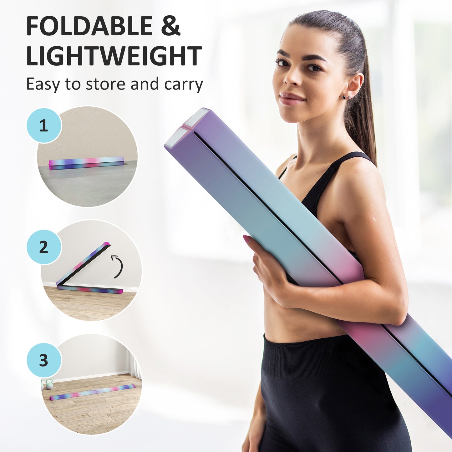 Soozier 7.7ft Folding Balance Beam, Gymnastics Equipment with Anti-Slip Bottom for Kids Home Training, Multicolour
