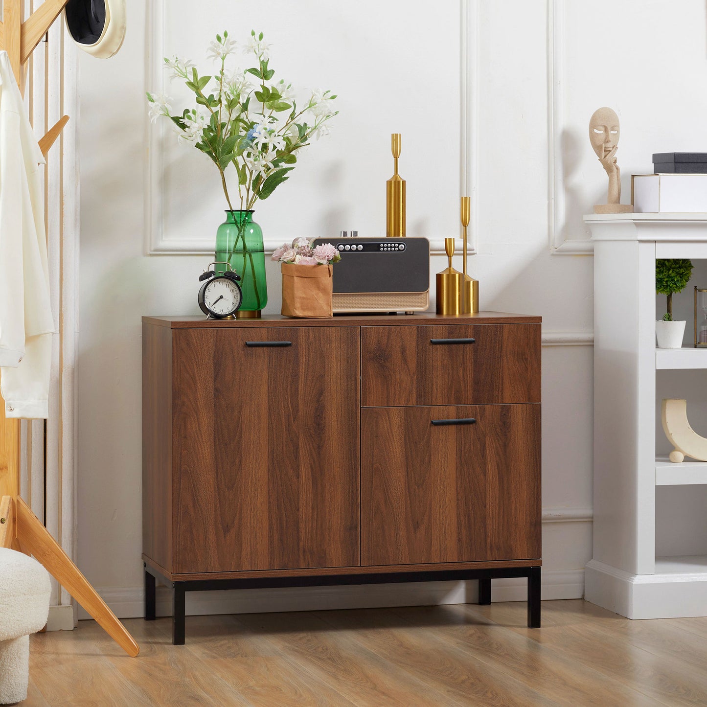HOMCOM Kitchen Cabinet, Storage Cabinet, Sideboard Floor Accent Cabinet w/ Drawer, Enclosed Cabinet & Adjustable Shelves, Walnut Brown
