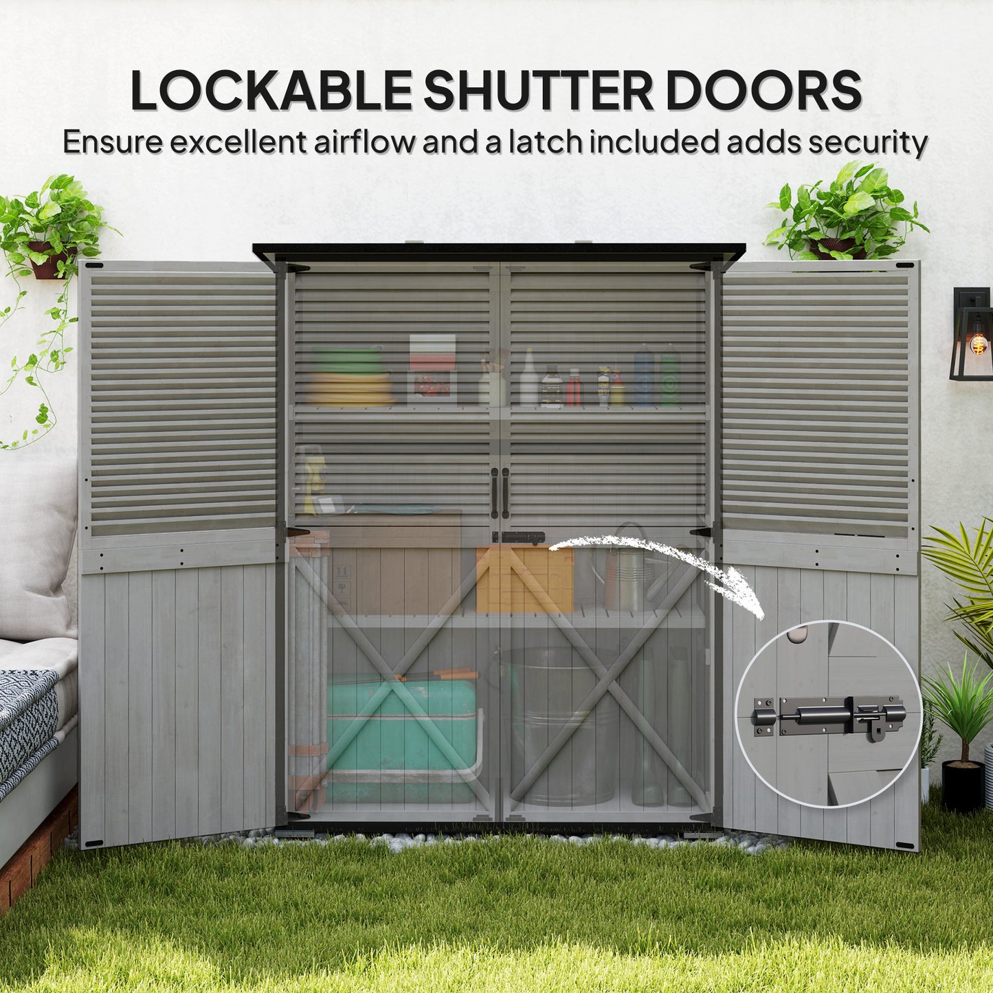 Outsunny Outdoor Storage Cabinet, Wood Garden Shed with Steel Frame, Asphalt Roof, 2 Shelves and Lockable Doors, Grey