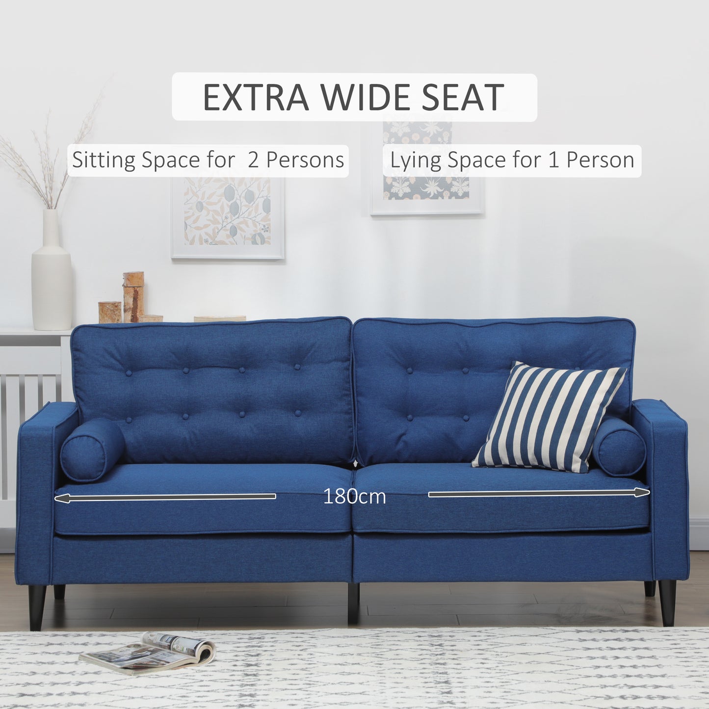 HOMCOM Mid-Century Sofa, Couch with Button-Tufted Back Cushion, Velvet Feel Fabric Upholstery, 2 Cylindrical Pillows and Rubber Wood Legs for Living Room, Dark Blue