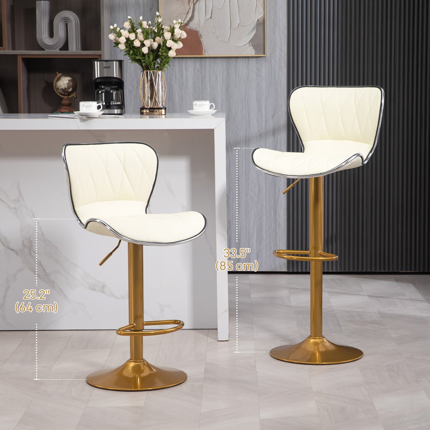 HOMCOM Counter Height Bar Stools Set of 2, Adjustable Height Bar Chairs with Swivel Seat, PU Leather Upholstery