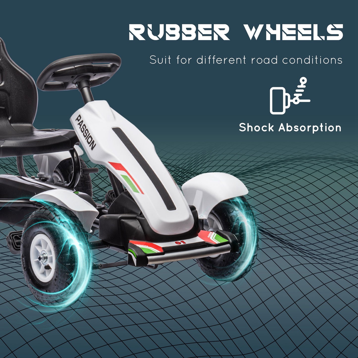 Aosom Pedal Go Kart for Kids, Pedal Car with Adjustable Bucket, Handbrake, 4 Rubber Wheels Powered Ride, White