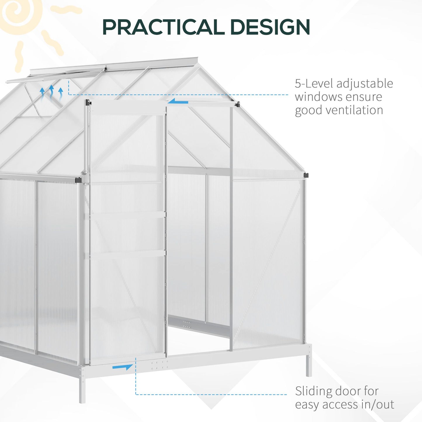 Outsunny 6' x 12' x 6.5' Walk-in Greenhouse, Polycarbonate Greenhouse with Adjustable Roof Vent, Base, Sliding Door, Clear