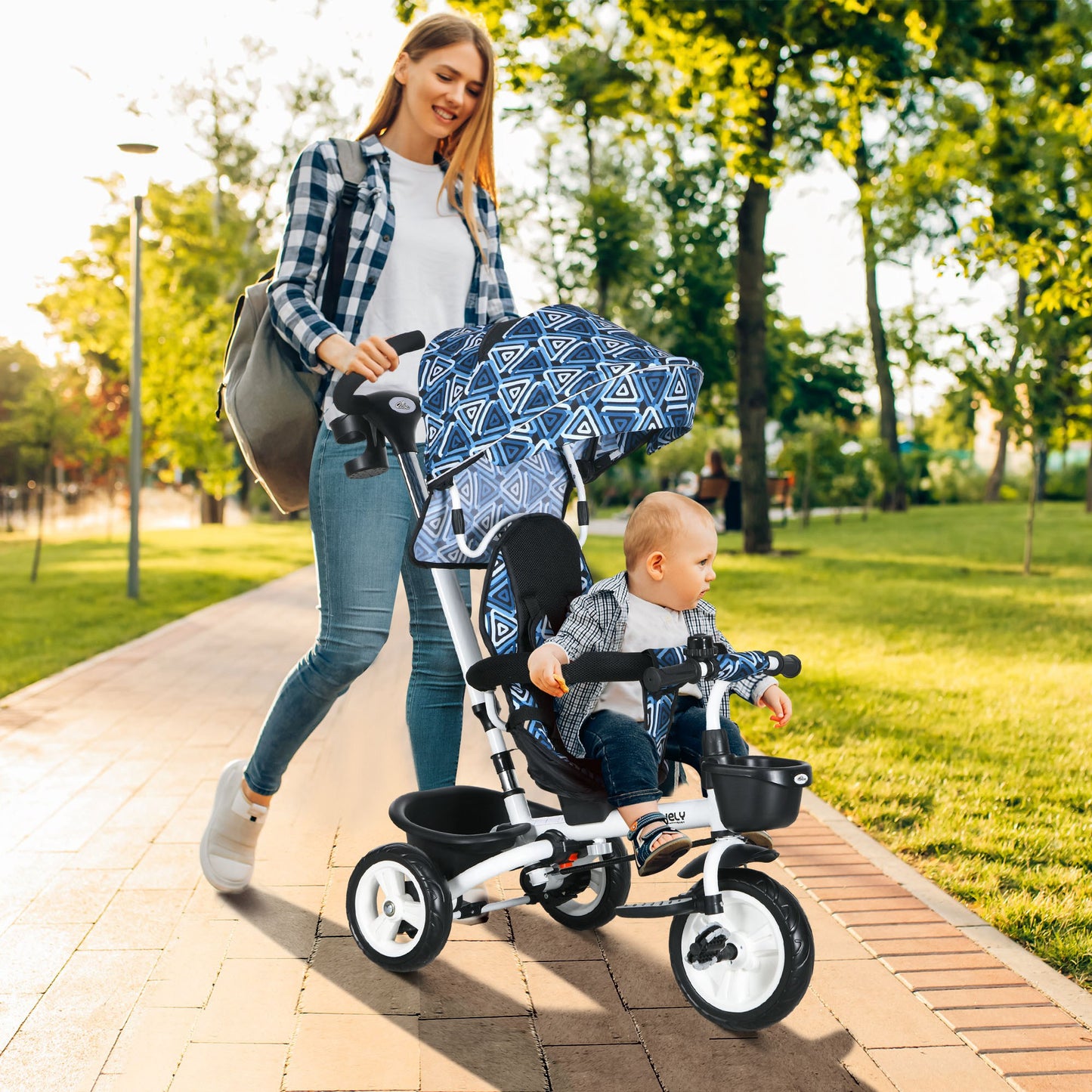 Qaba 6 in 1 Toddler Tricycle with Parent Push Handle, Canopy, Storage Baskets, Cupholder, Dark Blue