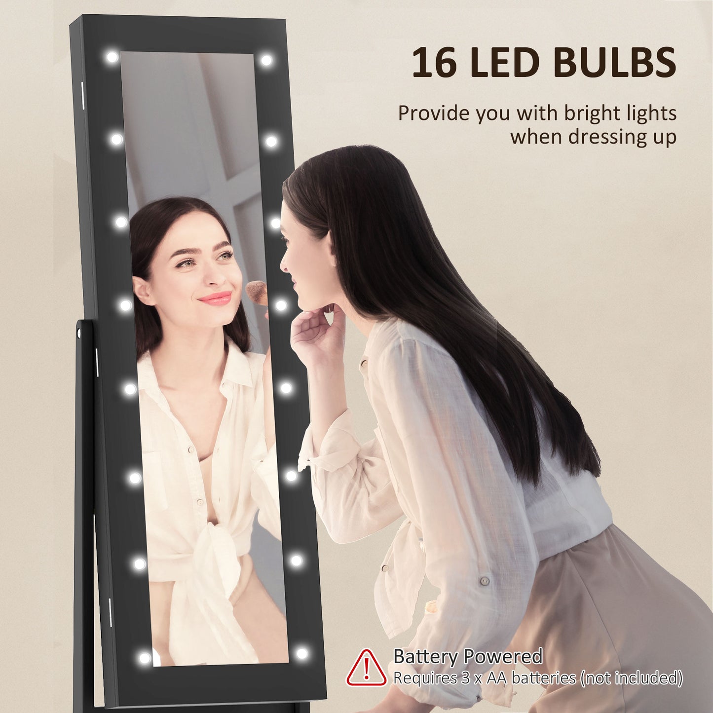 HOMCOM Free Standing Armoire Organizer, Lighted Mirrored Jewelry Cabinet w/ Angle Adjustable & 16 LED Lights Warm White