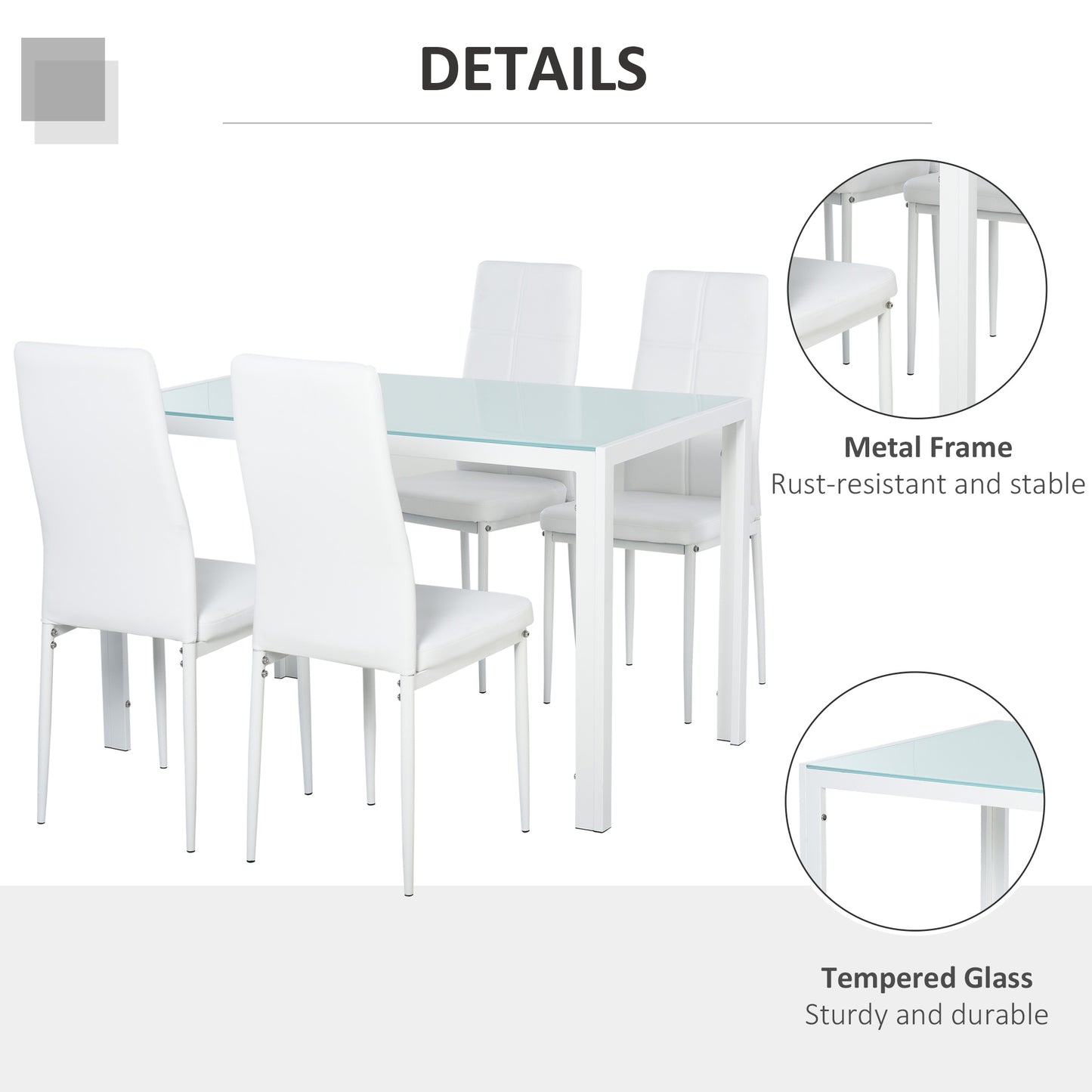 HOMCOM 5-Piece Rectangular Glass Kitchen Table and Chairs with Metal Frame and Faux Leather Upholstery for Dining Room, White