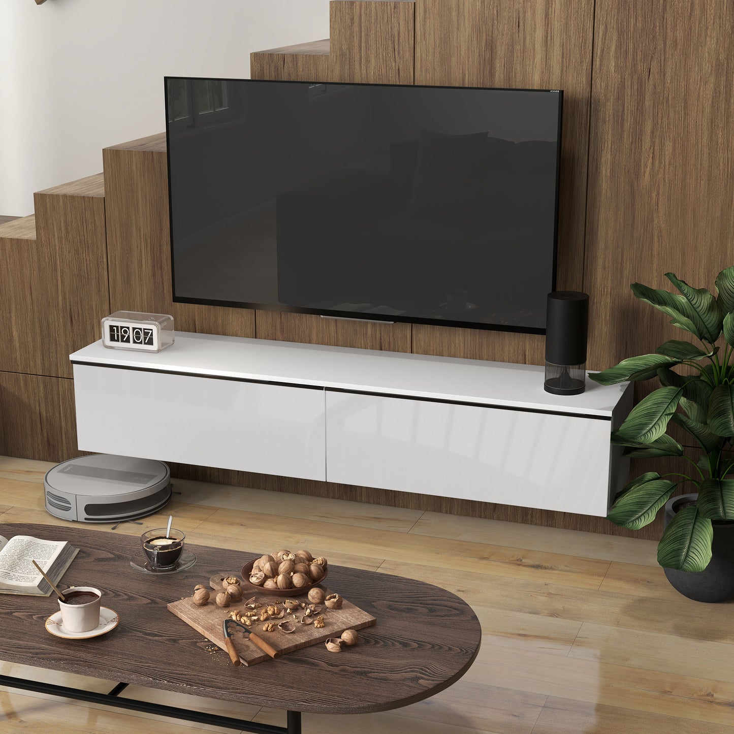 HOMCOM Wall Mounted TV Stand, Floating TV Cabinet for up to 70" TVs with Storage, High Gloss Effect, Brown and Black