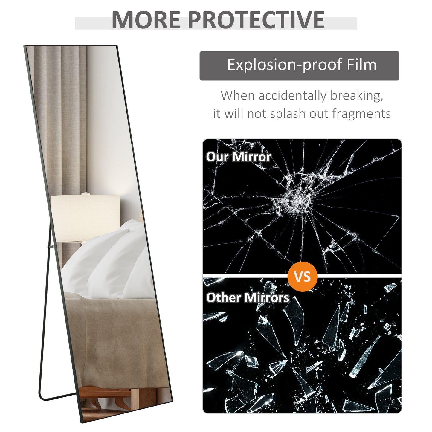 HOMCOM 64"x20" Full Length Mirror, Floor Standing, Wall-Mounted or Leaning Against Wall Tall Mirror w/Support Frame, Rectangular Full Body Mirror for Bedroom, Living Room, Black