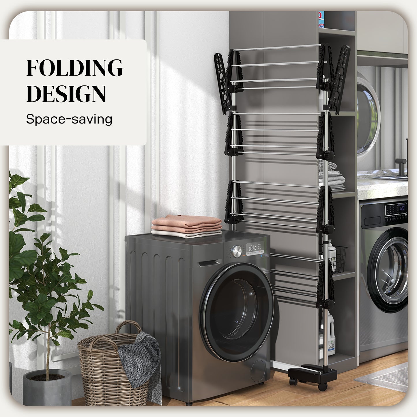 HOMCOM Garment Drying Rack Stainless Steel Folding Clothes Hanging Rack with Side Wings Castors for Indoor Outdoor Grey