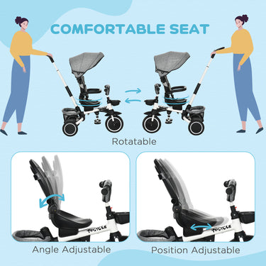 Aosom 6-in-1 Toddler Tricycle for 12-50 Months, Foldable Kids Trike with Adjustable Seat and Push Handle, Safety Harness, Removable Canopy, Footrest, Grey
