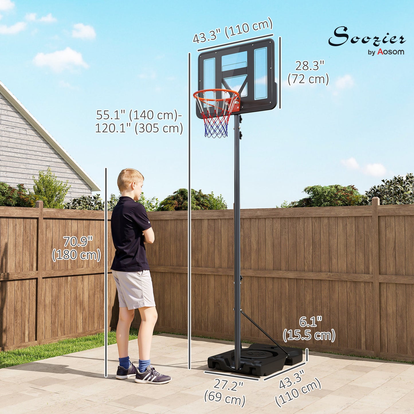 Soozier Basketball Hoop Outdoor, 4.4-10ft Portable Basketball Goal with Wheels and 44.5" Backboard, for Teenagers Youth Adults
