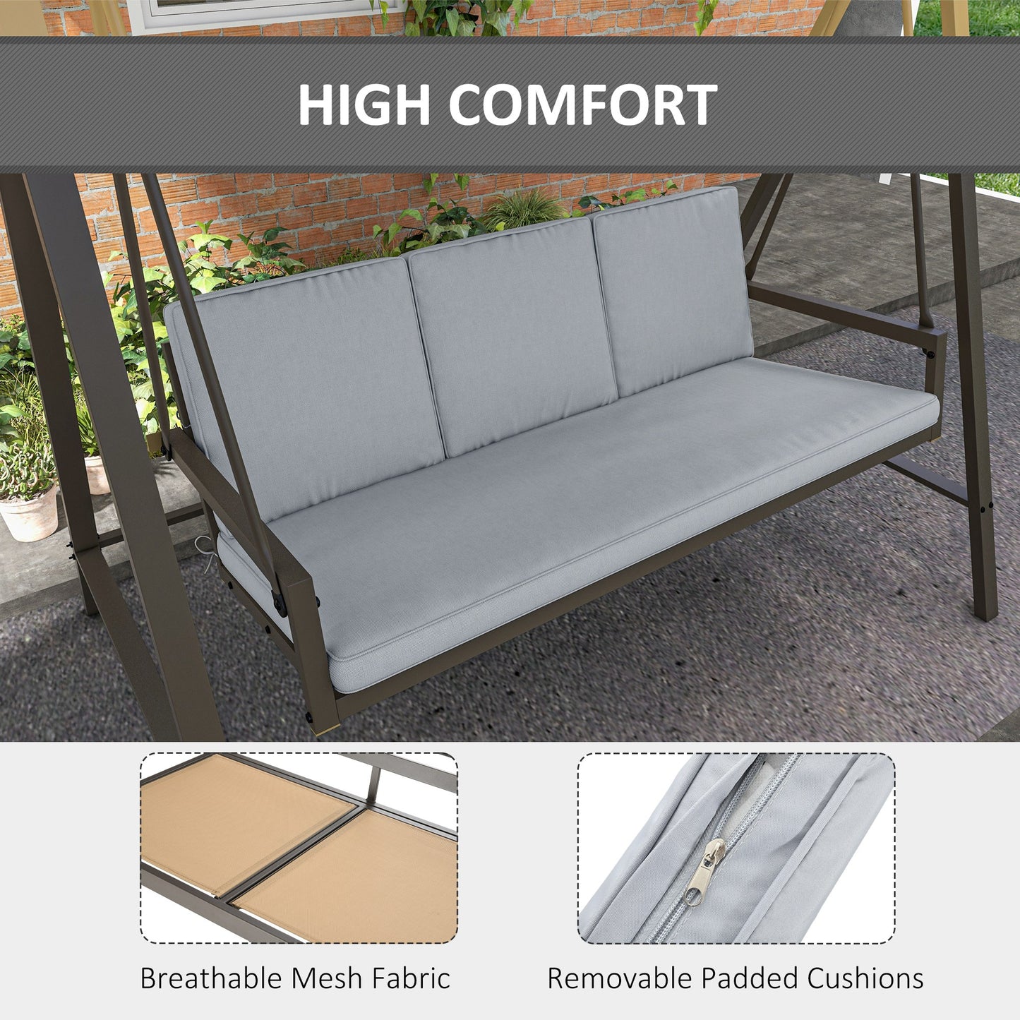 Outsunny 3 Seater Patio Swing Chair, Porch Swing with Adjustable Canopy and Removable Cushions, Outdoor Swing Seat, Beige
