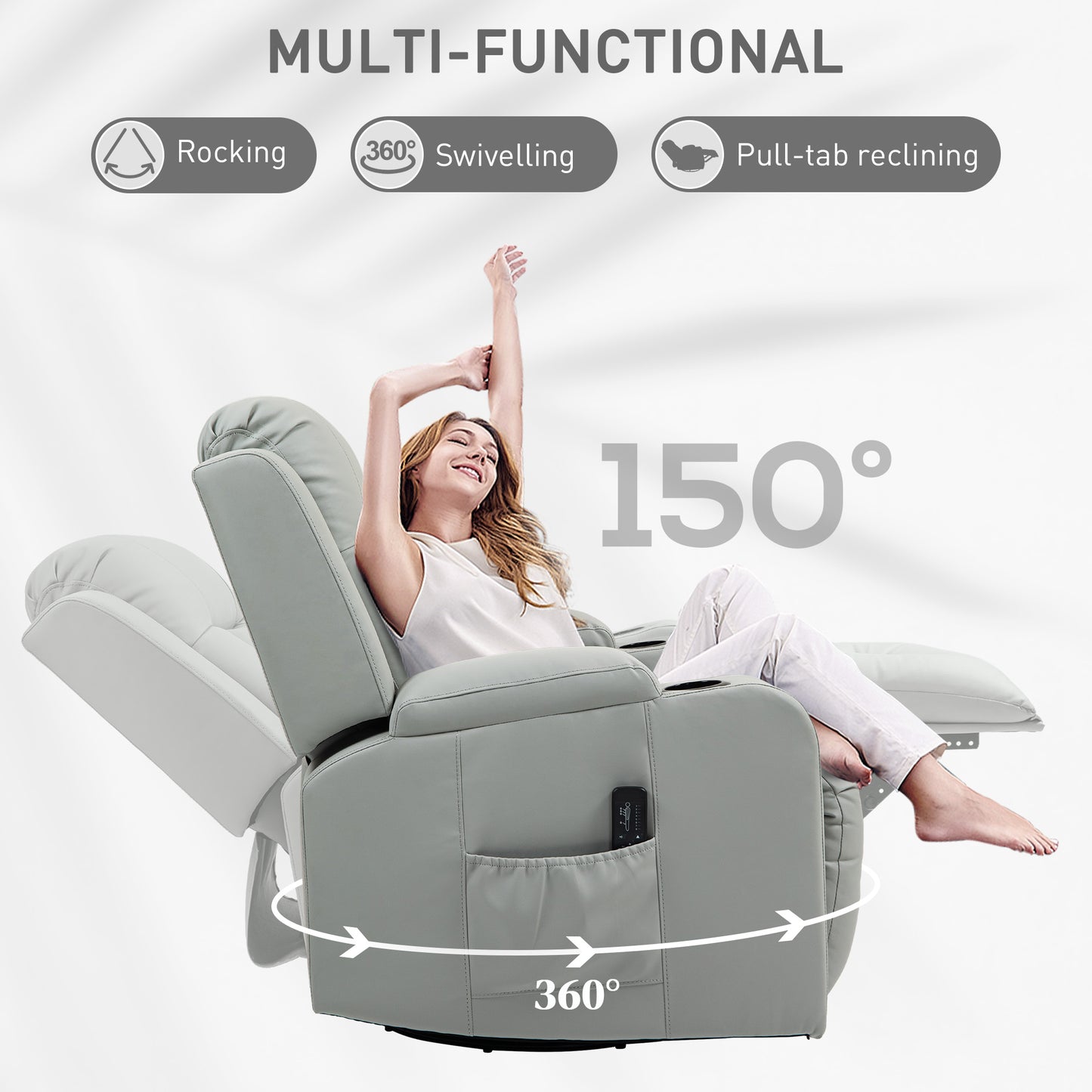 HOMCOM Swivel Massage Recliner Chair Rocker, Overstuffed Manual Reclining Sofa, PU Leather Rocking Chair with Side Pockets, Cup Holders, for Living Room, Nursery, Brown