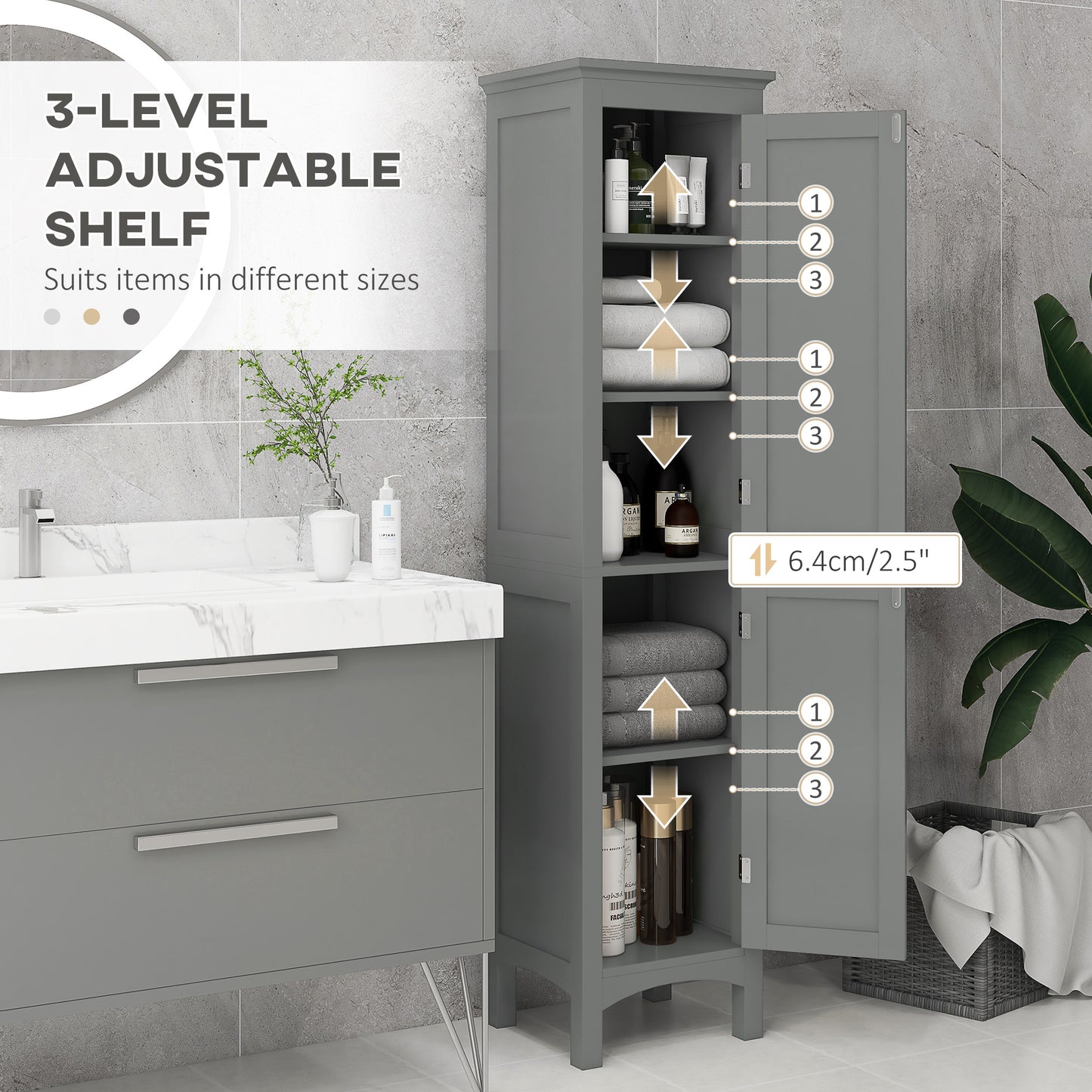 kleankin Tall Bathroom Cabinet, Freestanding Storage Organizer with Adjustable Shelves and Cupboards, 15" x 13" x 63", White