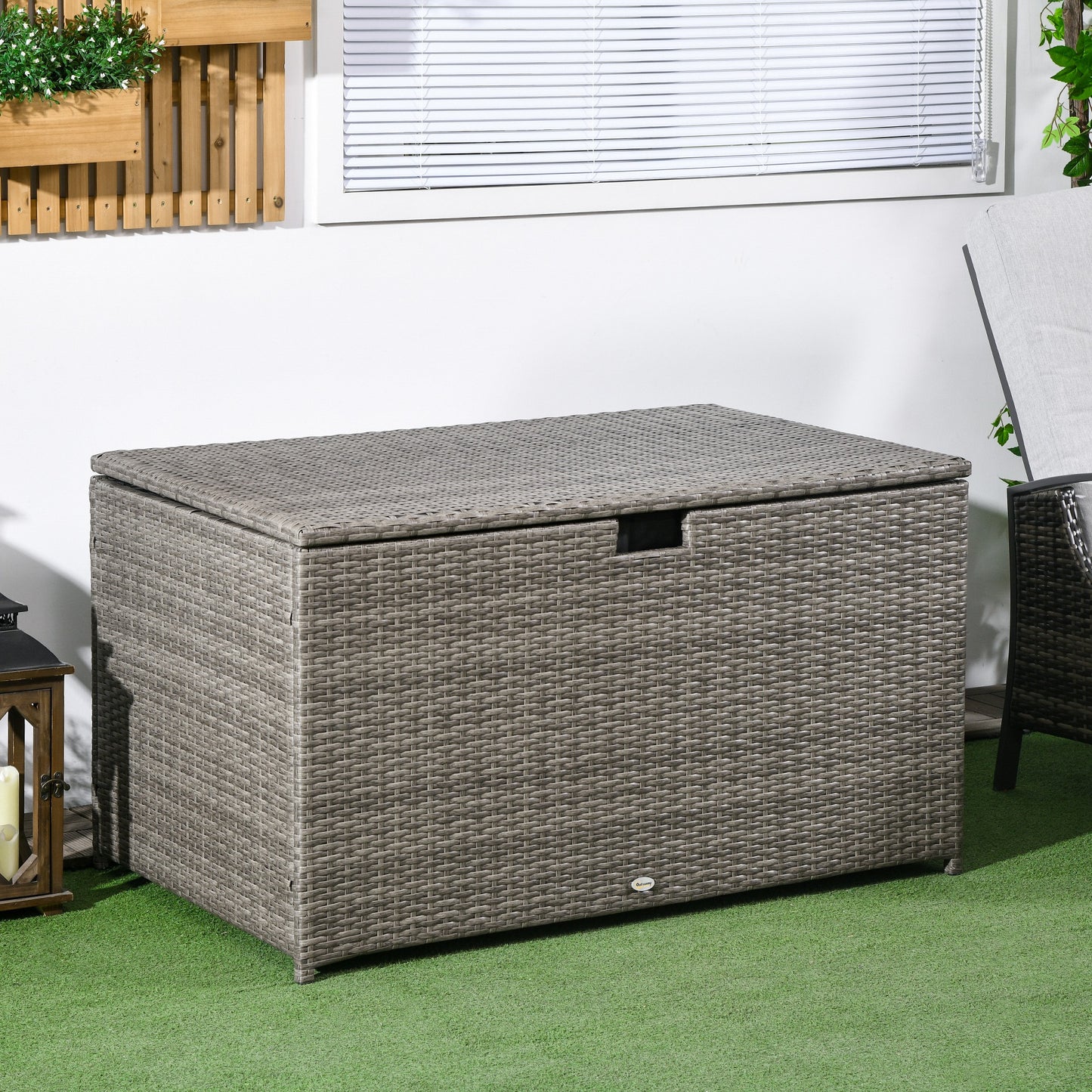 Outsunny 113 Gallon Outdoor Storage Box, Rattan Deck Box for Indoor, Patio Furniture Cushions, Grey