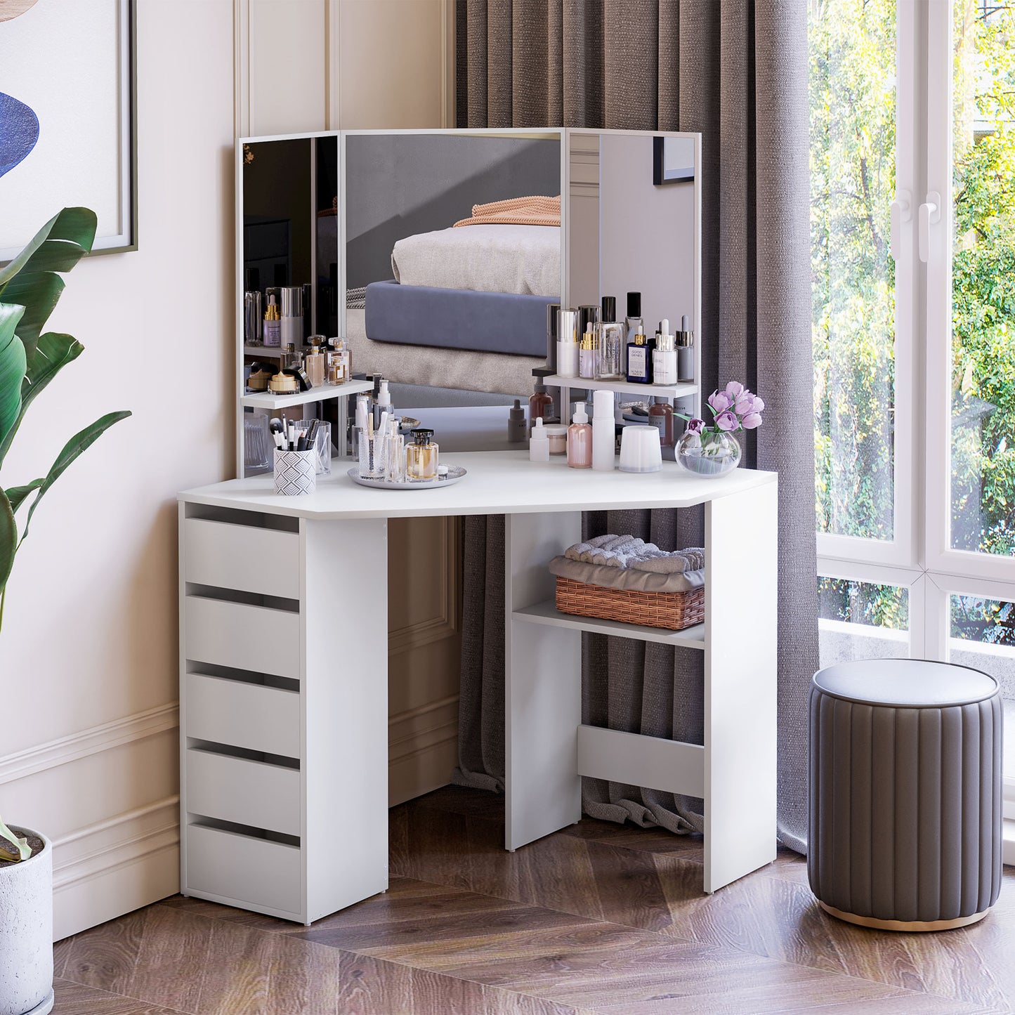 HOMCOM Corner Vanity Desk with Mirror, Makeup Vanity Table with 5 Drawers and Open Shelves, Dressing Table with 3-piece Mirror for Bedroom, Black