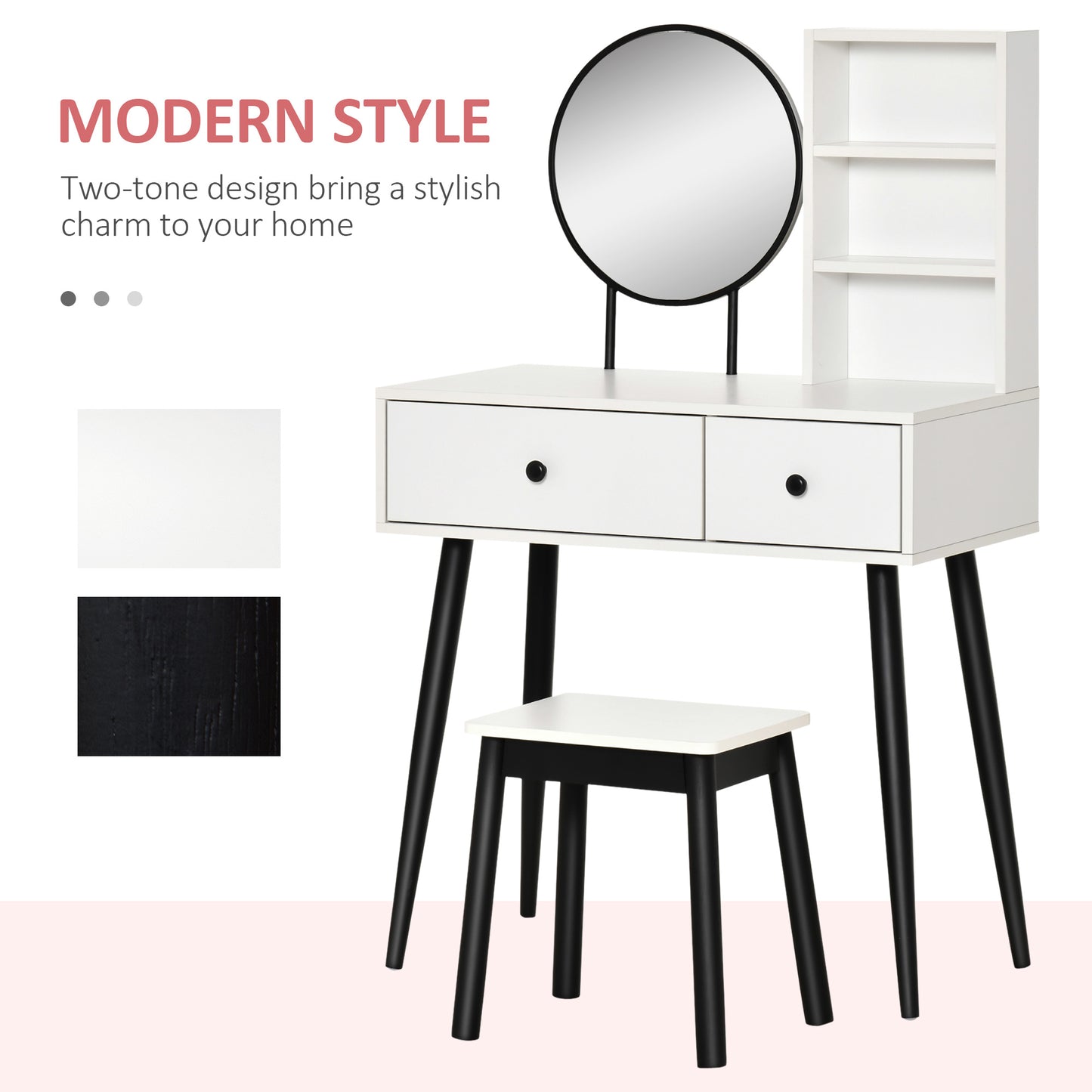 HOMCOM Vanity Desk with Stool, Makeup Vanity with Mirror, Wood Dressing Table with Storage Drawers and Shelf for Bedroom, White and Black