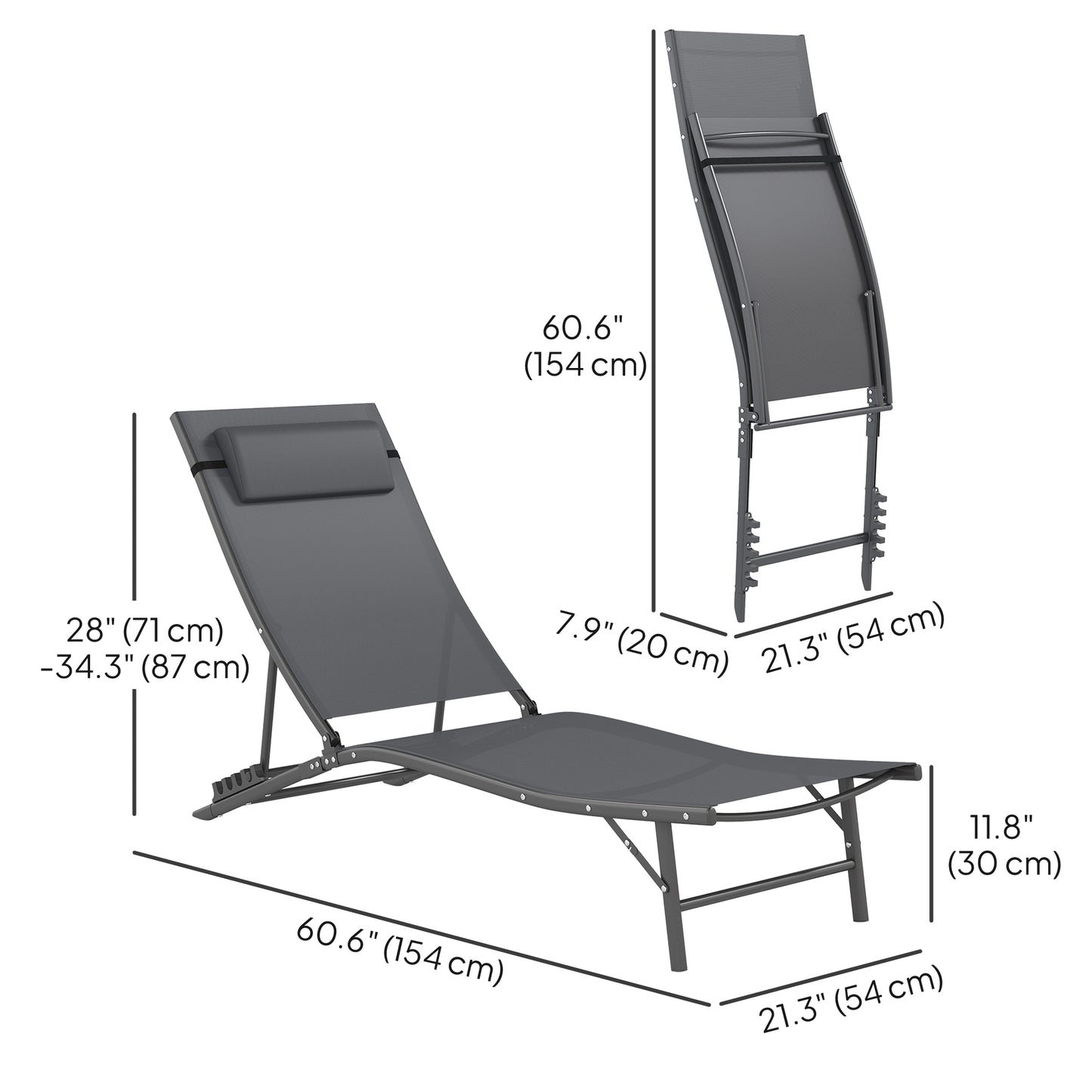 Outsunny Folding Chaise Lounge Chair Set of 2, Reclining Outdoor Lounge Chair Set with Quick Drying Pad Headrest Side Pocket, Tanning Chair Set for Beach Garden Pool, Light Grey