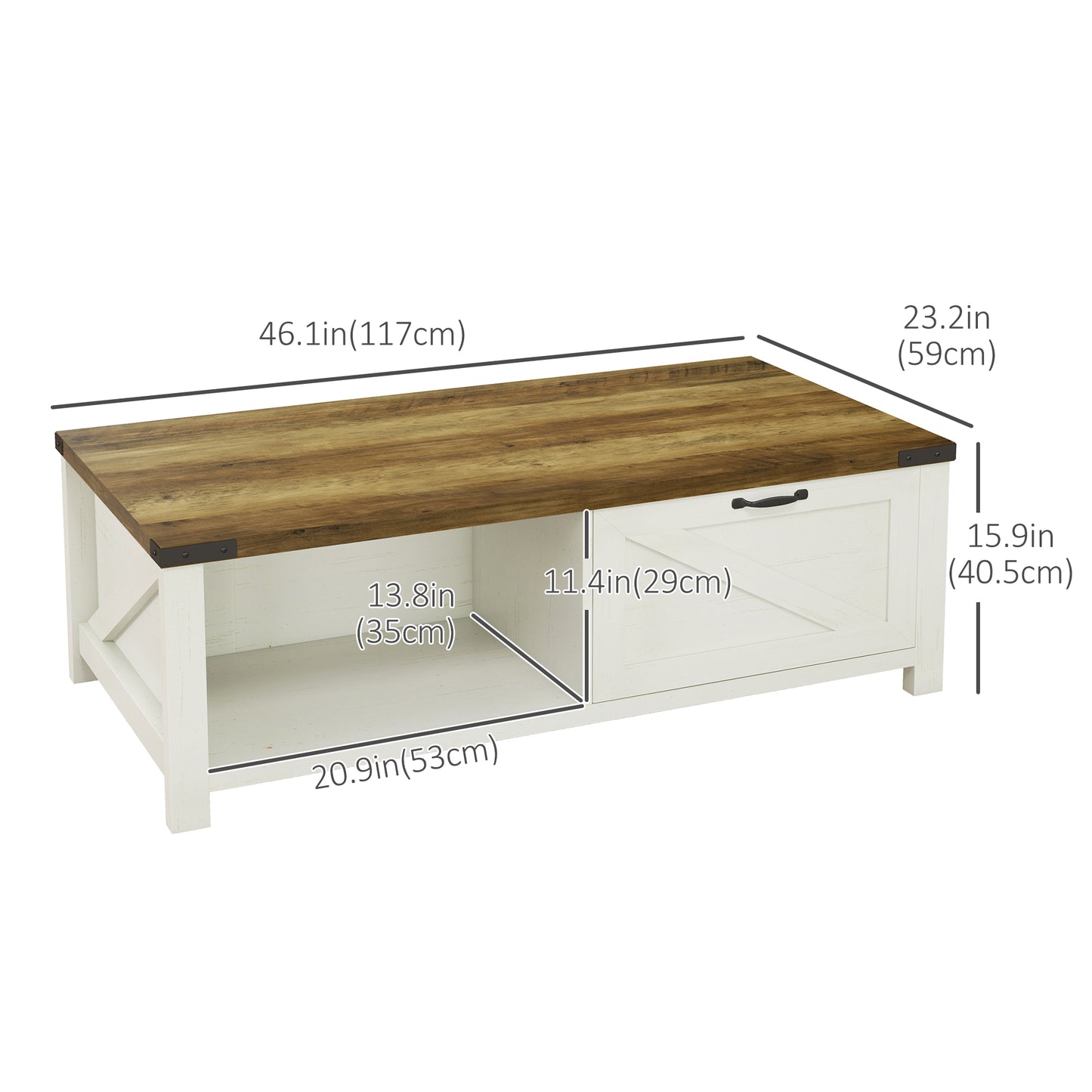 HOMCOM Industrial Coffee Table Side End Table with Drawer, Open Storage Shelf, Modern Farmhouse Furniture, for Living Room, Dining Room, Office, White Oak