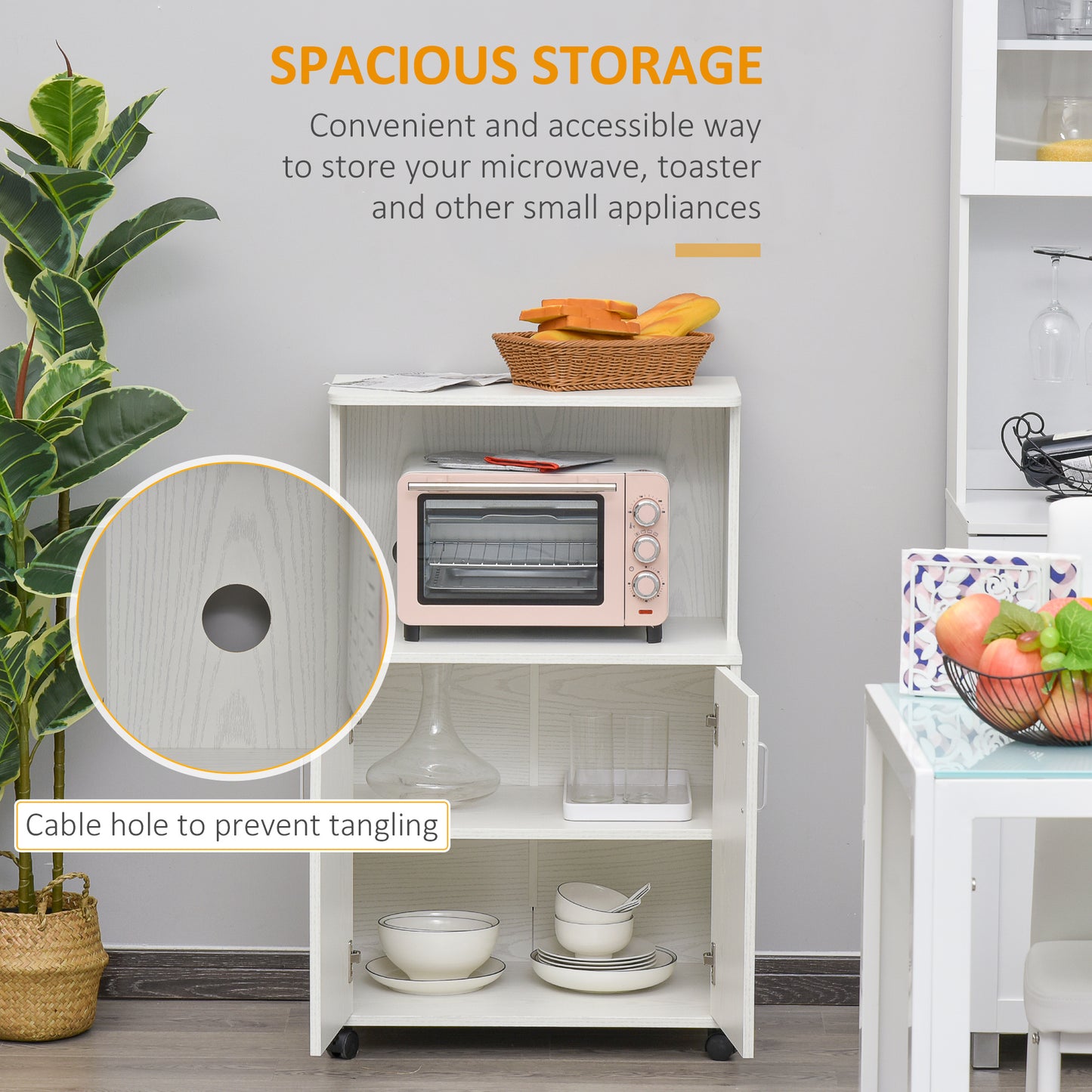 HOMCOM Microwave Cart on Wheels Utility Trolley Storage Sideboard Bookcase with 2-door Cabinet, White Oak