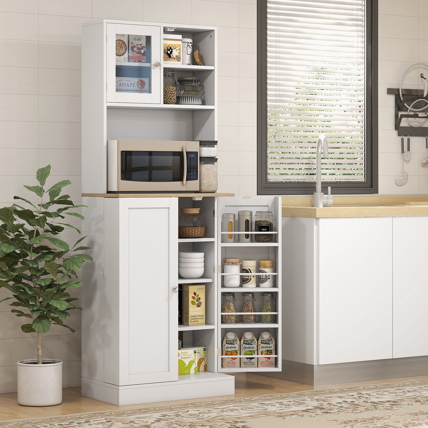 HOMCOM 66.5" Tall Kitchen Pantry Cabinet, Kitchen Hutch, Microwave Cabinet with Adjustable Shelves for Dining Room, White