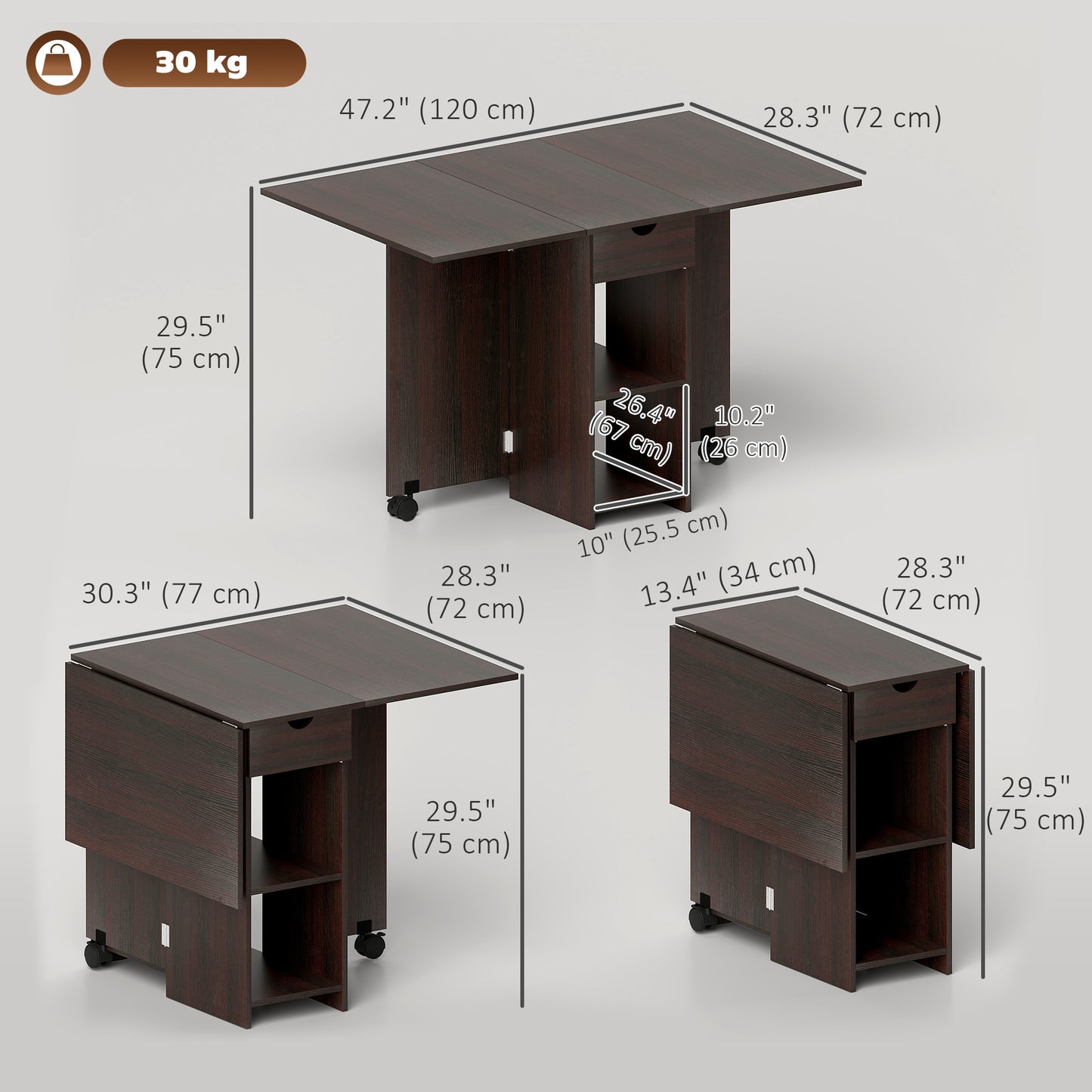 HOMCOM Folding Dining Table, Space Saving Drop Leaf Table with Drawer and Storage Shelves for Kitchen, Dining Room, Oak