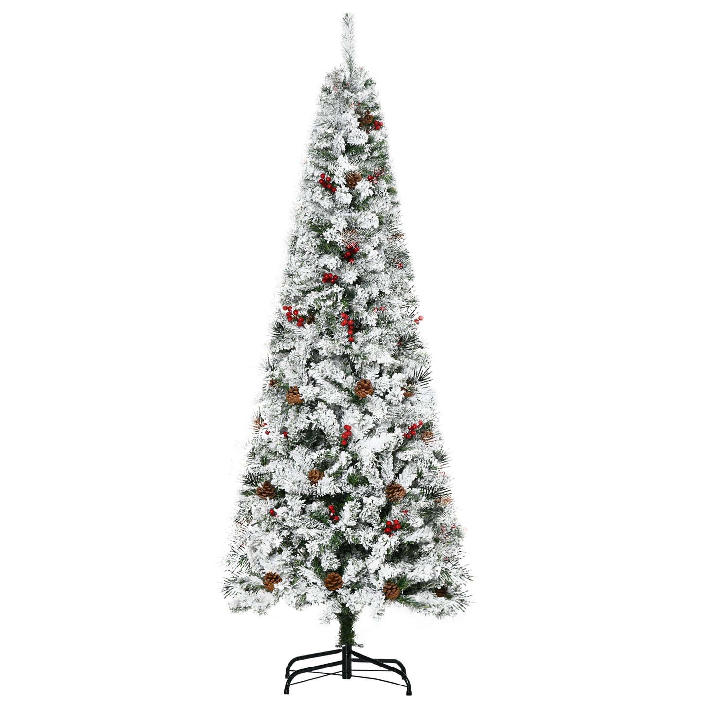 HOMCOM 9-foot Pencil Snow Flocked Artificial Christmas Tree with 1350 Pine Realistic Branches, Pine Cones, Red Berries, Auto Open, Green